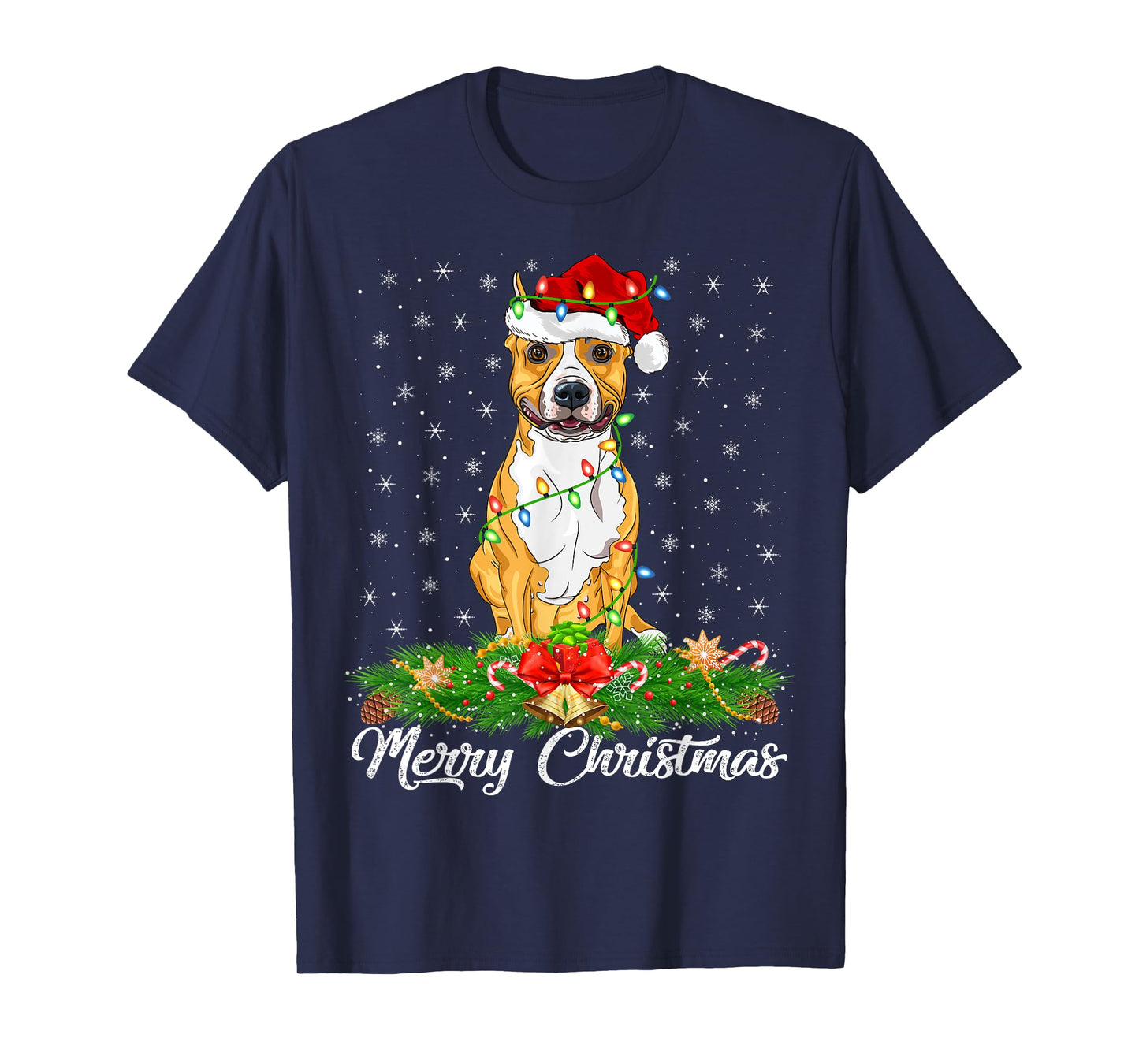 Xmas Lighting Santa Staffordshire Bull Terrier Dog Christmas T-Shirt