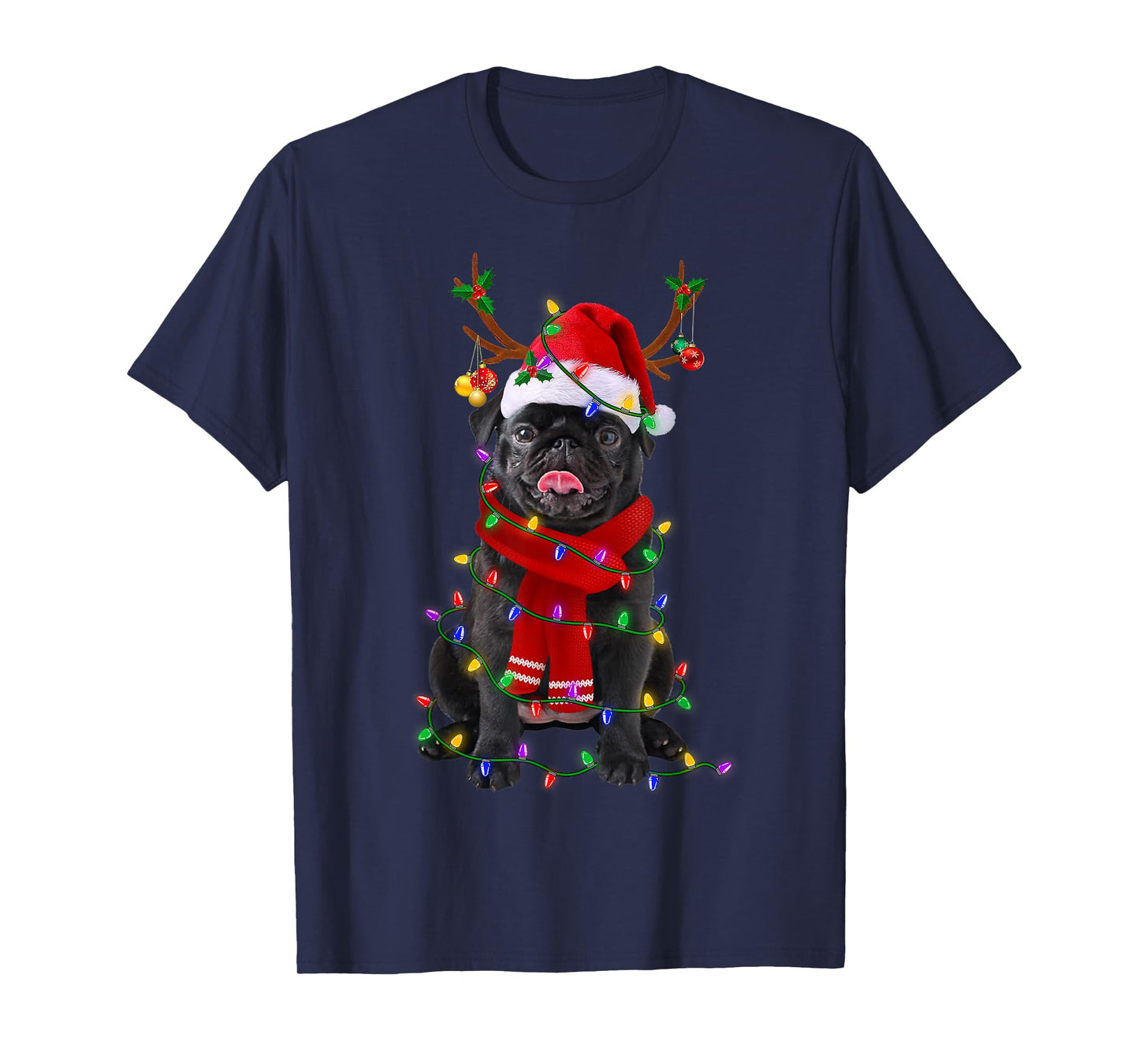 Black Pug Dog Tree Christmas Lights Xmas Pajama Men Women Kids T-Shirt
