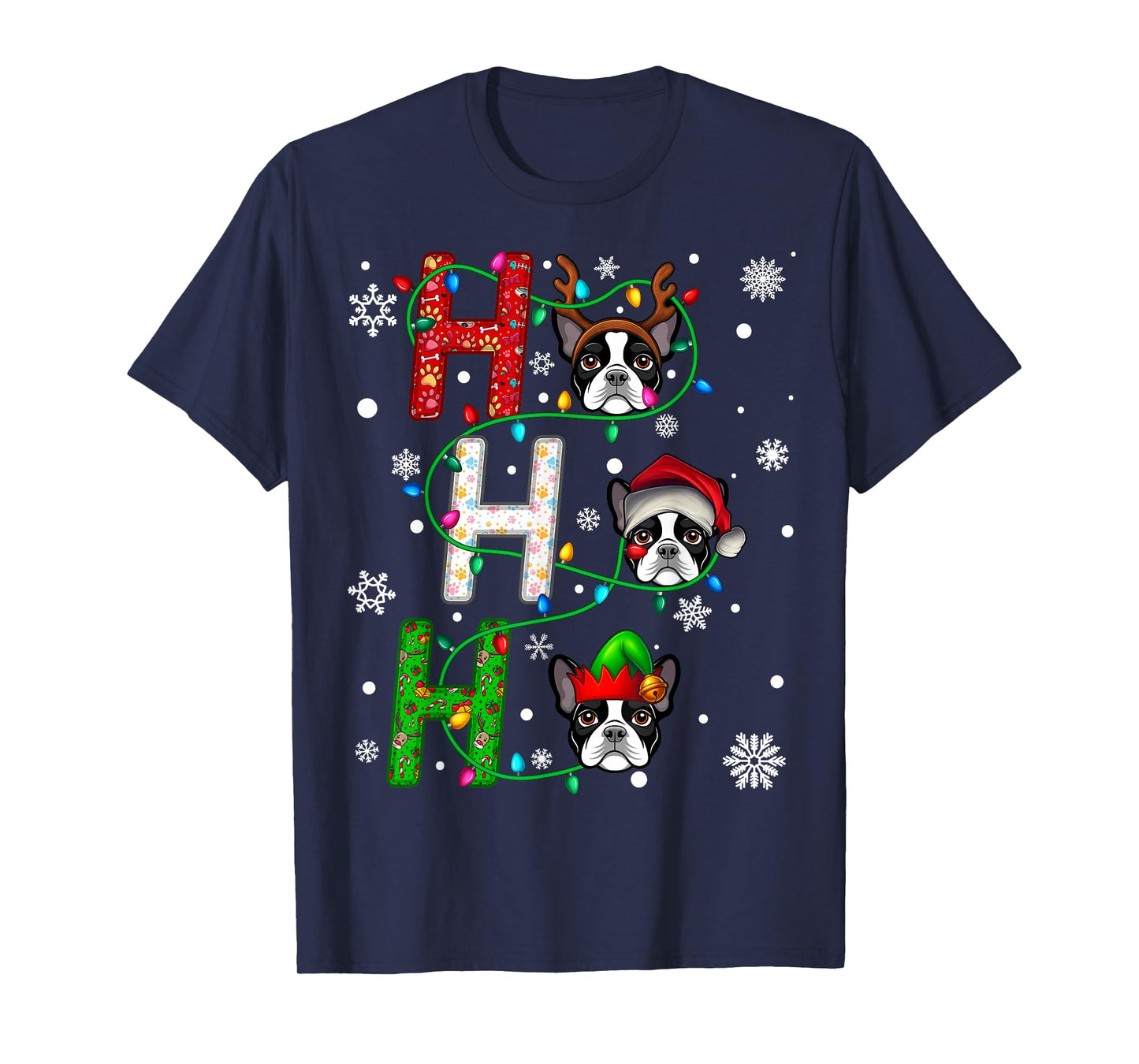 Santa Hat Ho Ho Ho Family Christmas Boston Terrier Dog Xmas T-Shirt