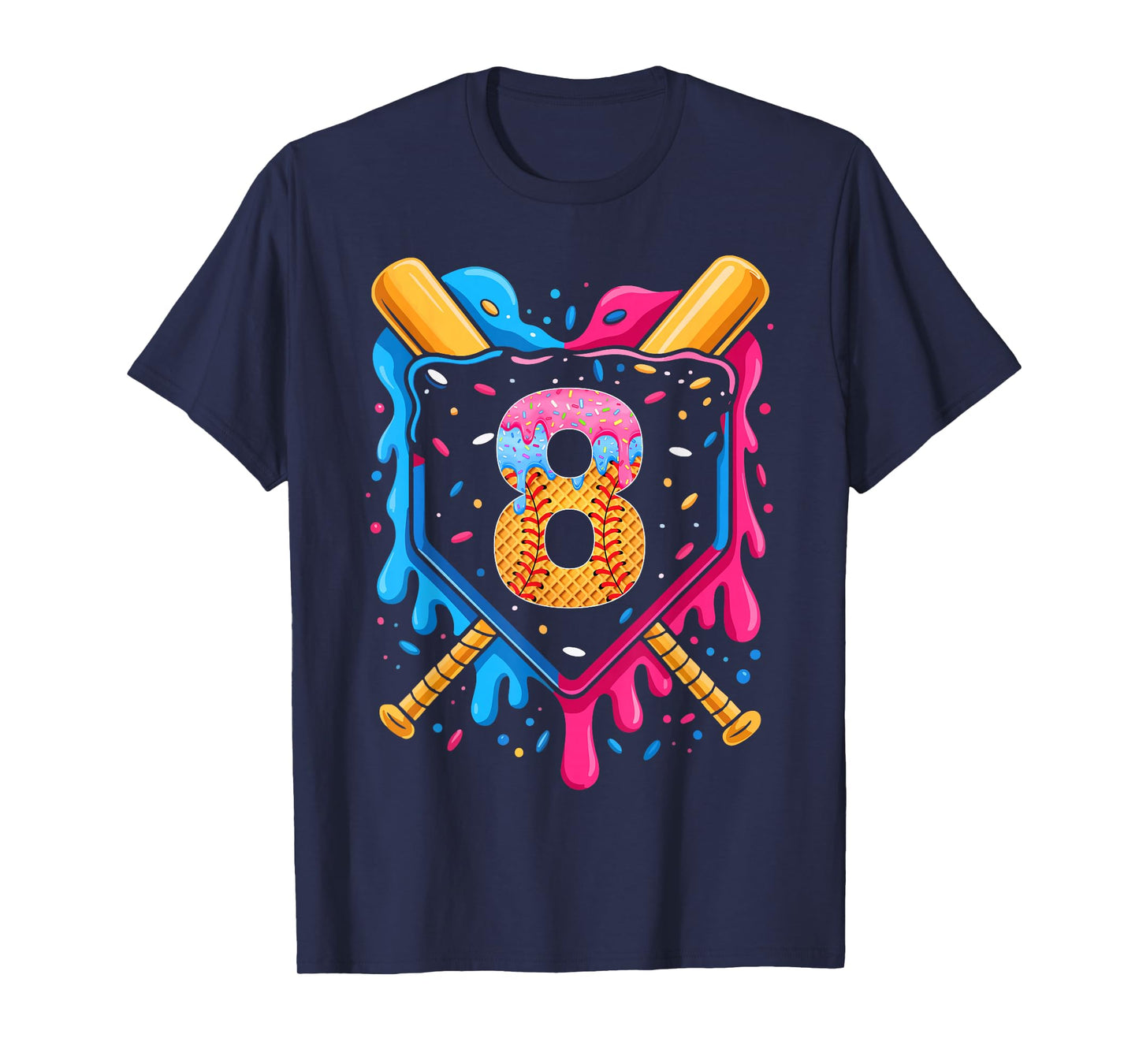 Baseball 8 Year Old 8th Birthday Ice Cream Baseball Drip T-Shirt