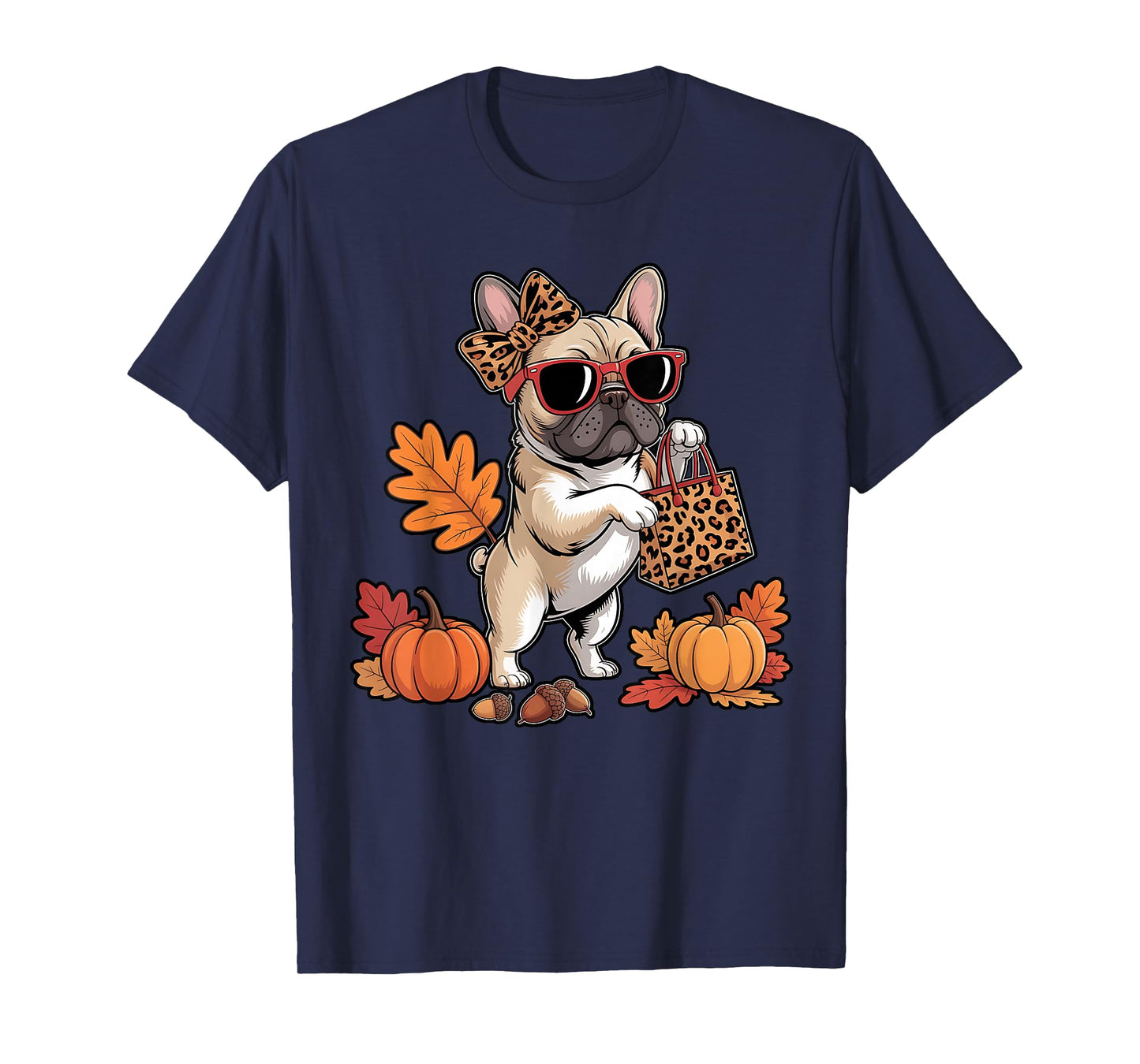 French Bulldog with Sunglasses Bow Leopard Thanksgiving T-Shirt