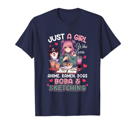 Just Girl Who Loves Anime Ramen Dogs Boba Sketching Japan T-Shirt