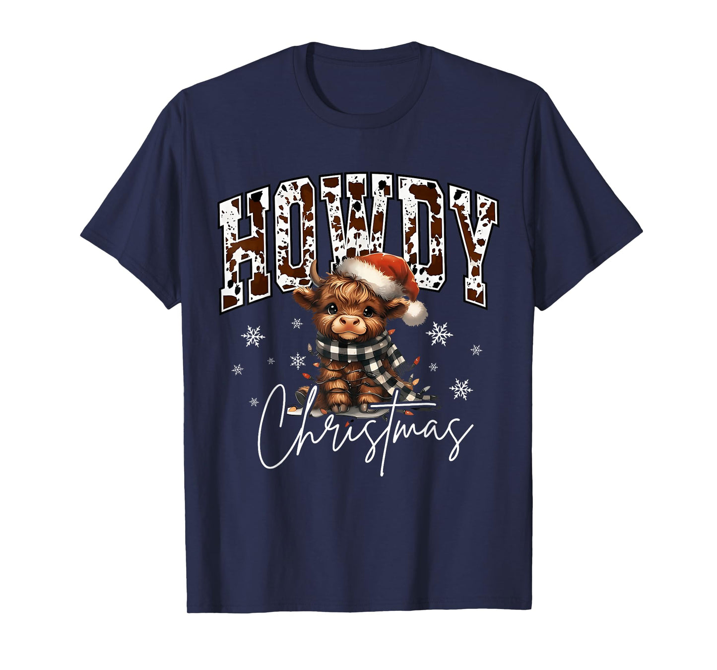 Retro Howdy Christmas Western Cow Santa Hat Xmas Lights T-Shirt