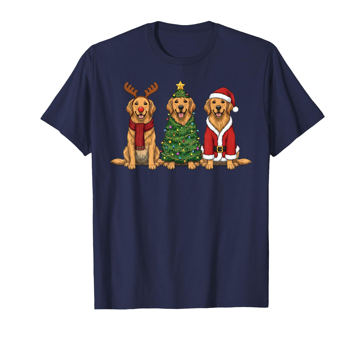 Retro Christmas Golden Retriever Santa Reindeer Dog Lover T-Shirt