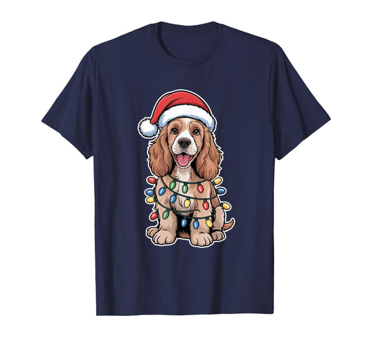 English Cocker Spaniel Wrapped in Christmas Lights T-Shirt