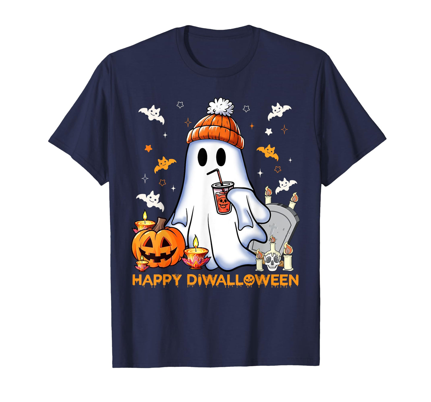 Happy Diwalloween Diwali Halloween Costume Unisex Adult T-Shirt Black Small Short Sleeve Modern Mandarin Collar Cartoon Applique Diwali Halloween Fusion T-Shirt