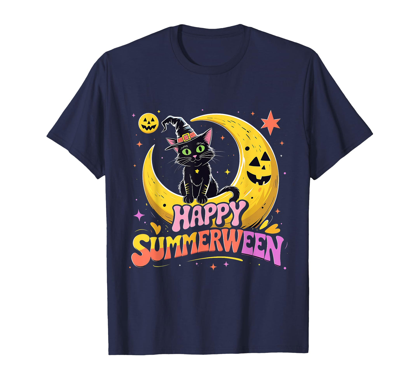Happy Summerween Black Cat Halloween Beach Vibes T-Shirt