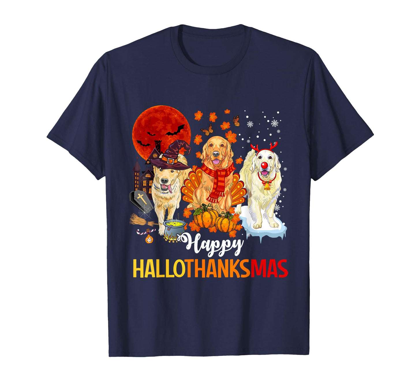 Golden Retriever Happy Hallothanksmas Halloween Thanksgiving T-Shirt
