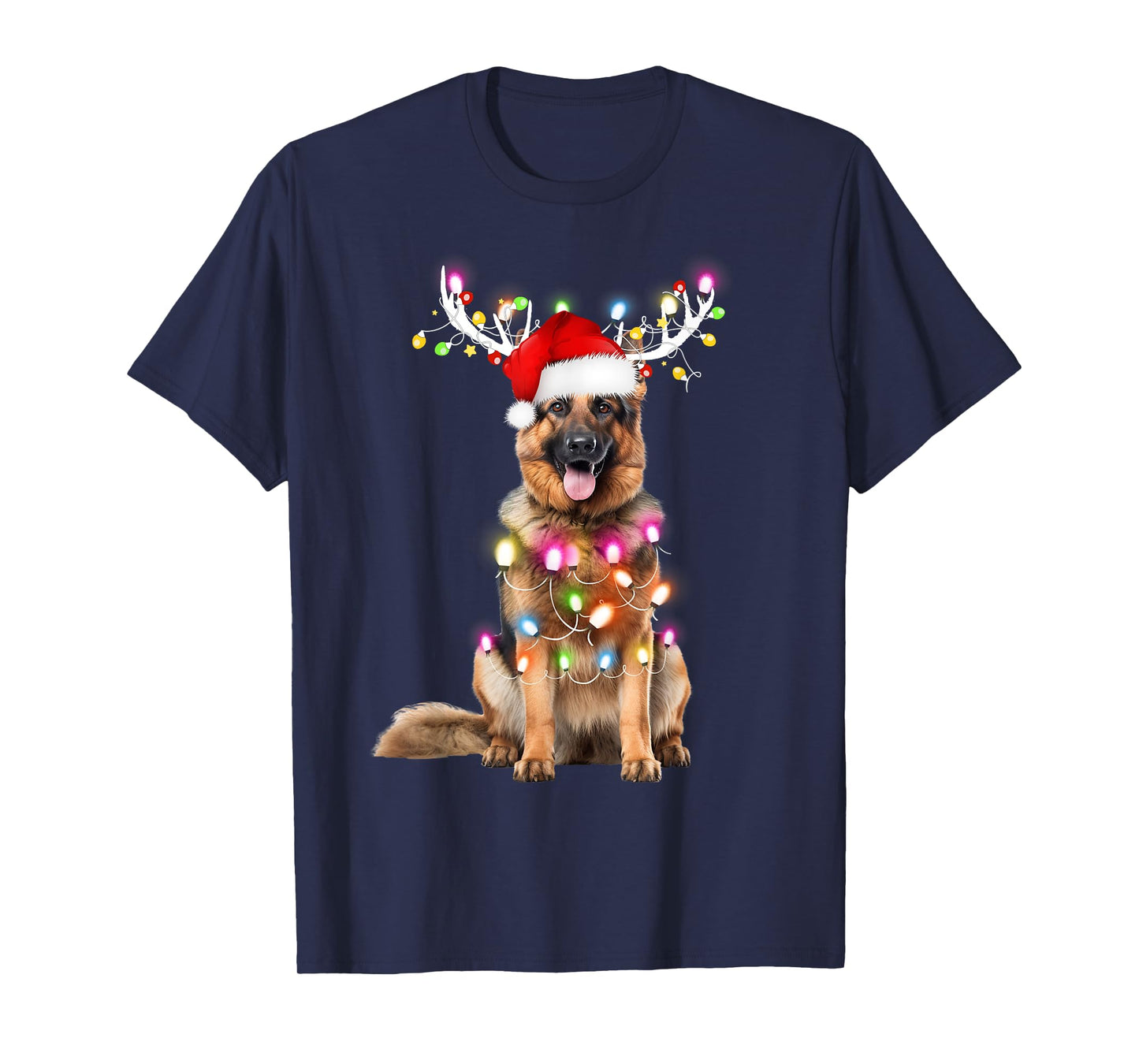 German shepherd Santa Christmas Tree Lights Xmas Boys Kids T-Shirt