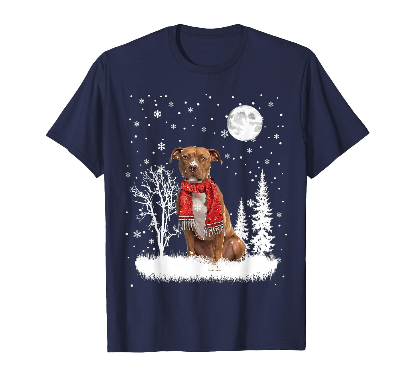 Pitbull Under Moonlight Snow Christmas Pajama T-Shirt