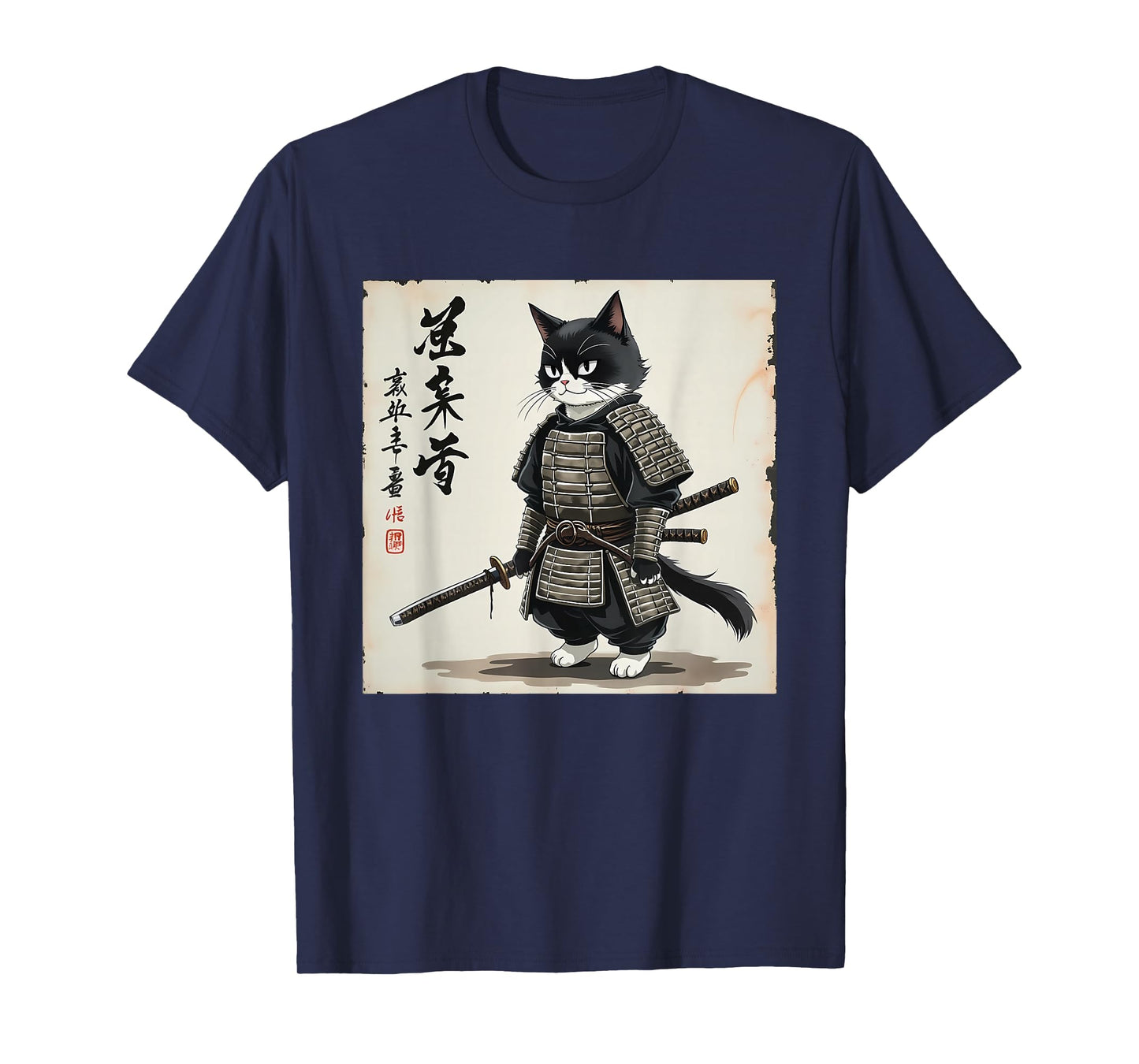 Samurai cat Graphic Warrior Art tee Japanese Anime Men Women T-Shirt