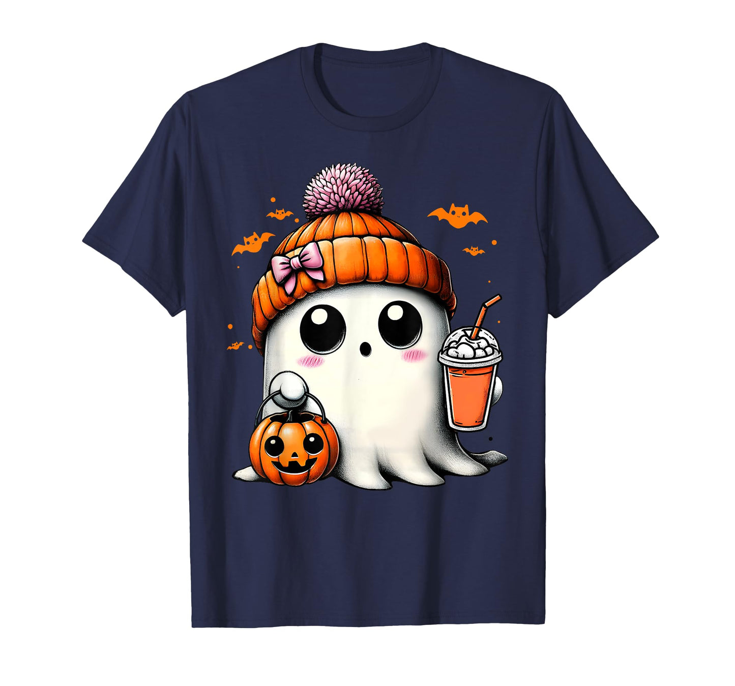 Cute Ghost Drinking Coffee Halloween Ghost Ice Coffee Womens T-Shirt
