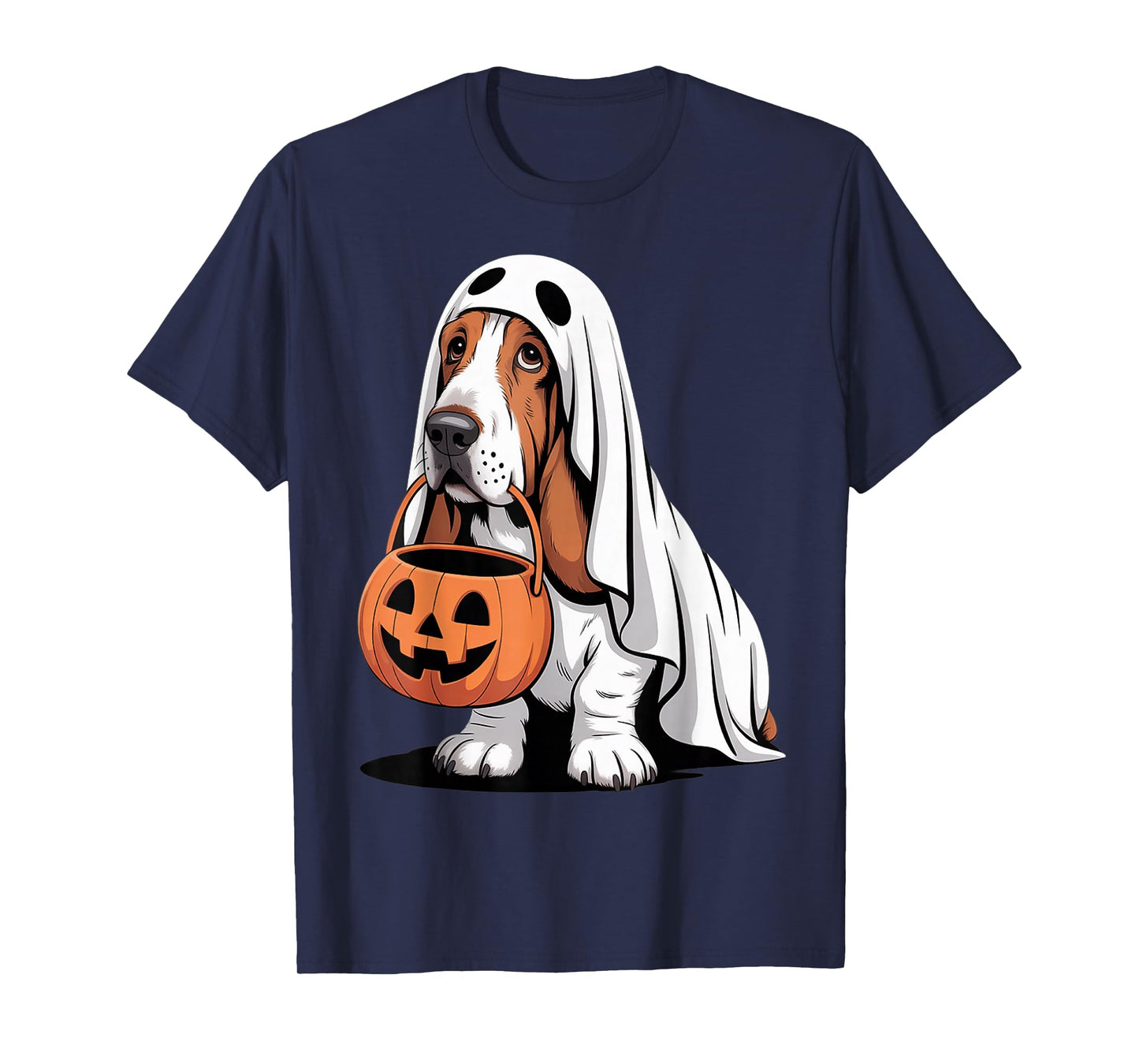 Cute Basset Hound Dog Ghost Costume with Pumpkin T-Shirt