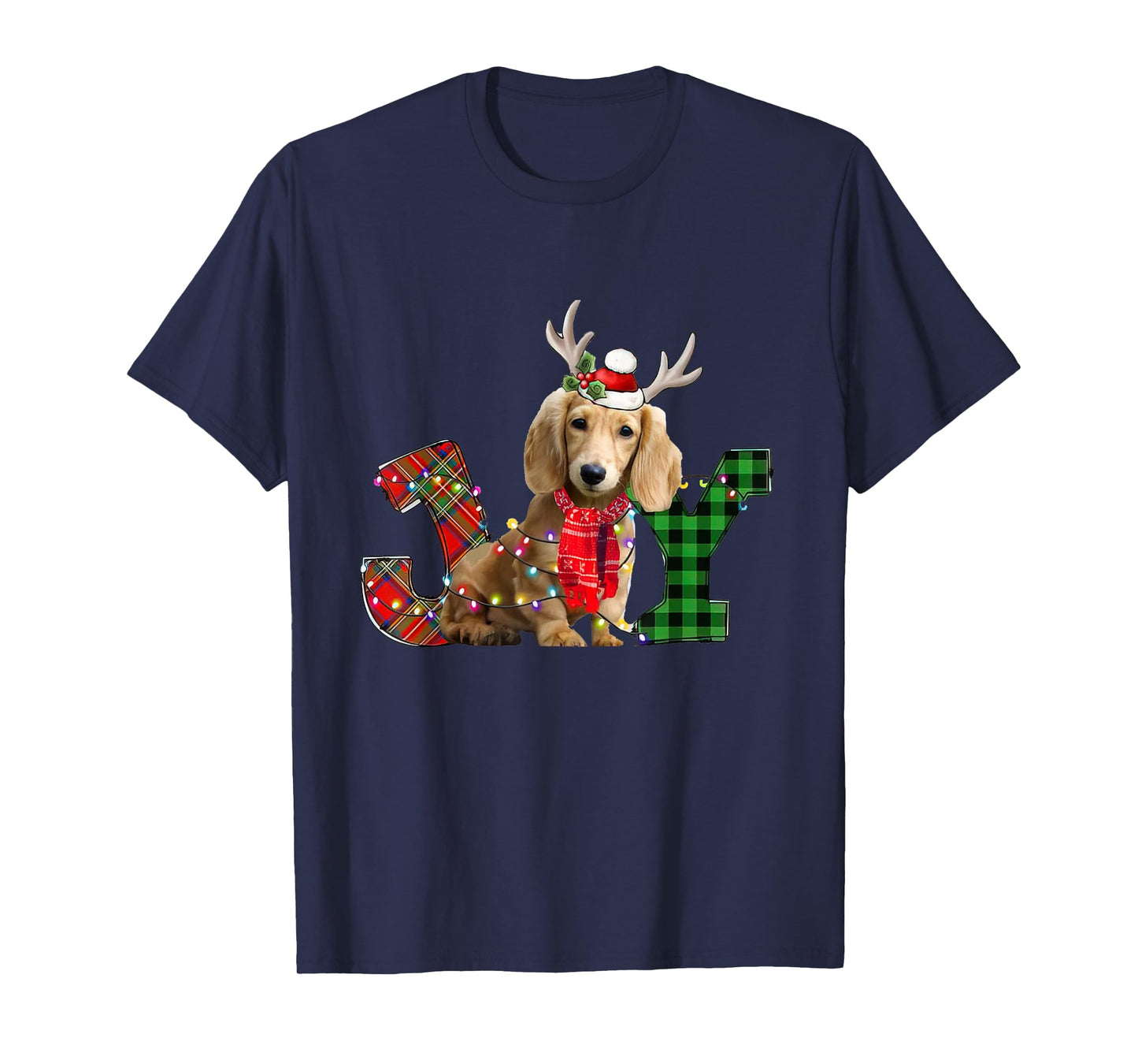 Joy Christmas Lights Long Haired Dachshund Dog Santa Hat T-Shirt