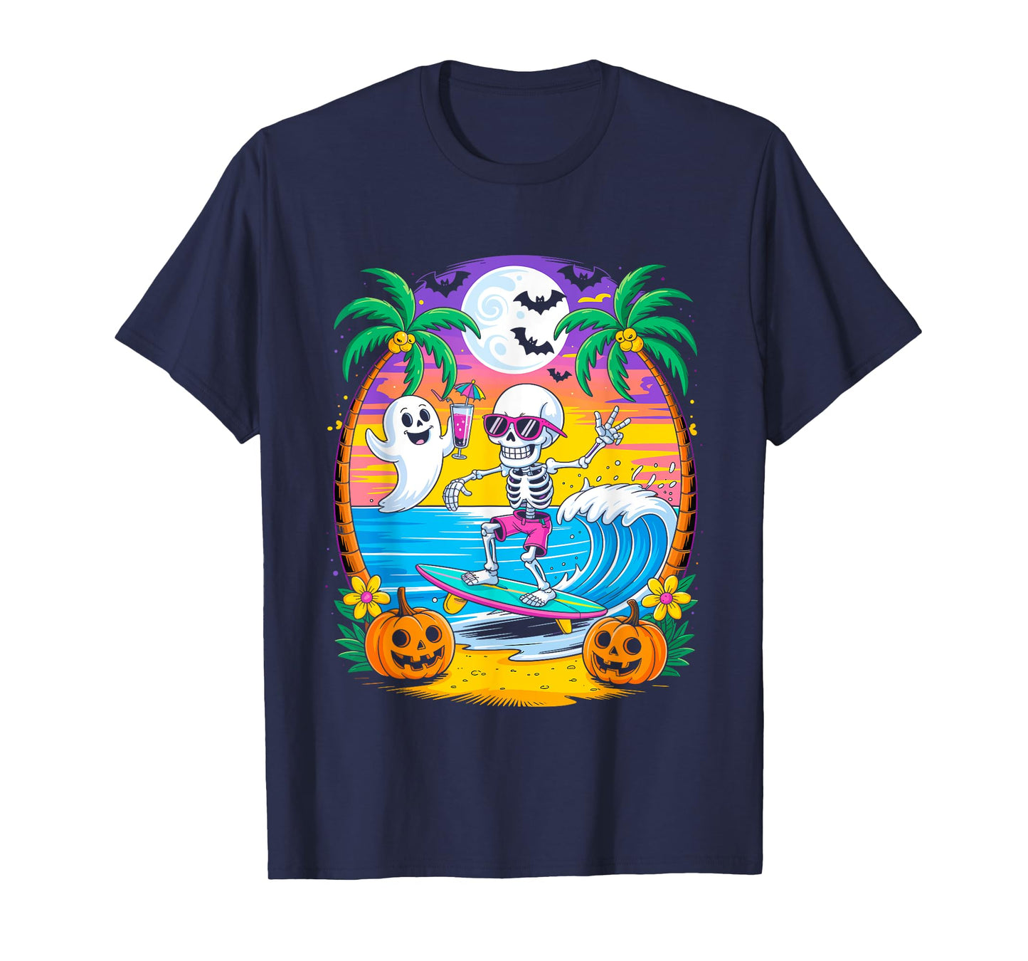 Beach Funny Halloween Vibes Summerween Skeleton Ghost T-Shirt
