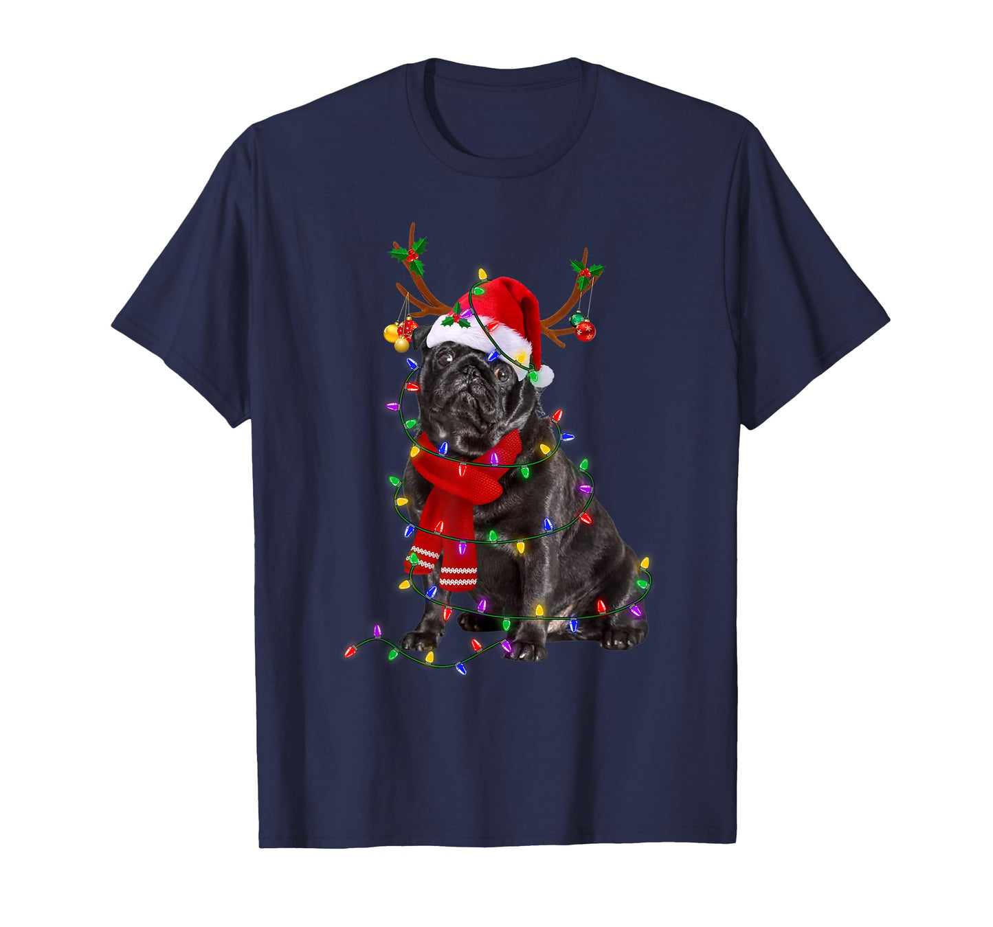 Funny Black Pug Dog Tree Christmas Lights Xmas Pajama Men Women Kids T-Shirt