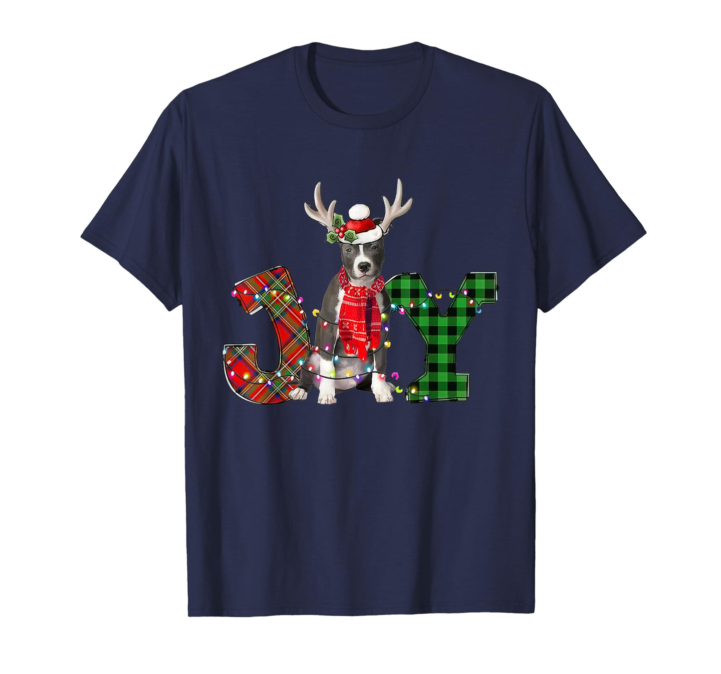 Joy Christmas Lights Blue Nose Pitbull Dog Santa Hat Pajama Men Women Kids T-Shirt