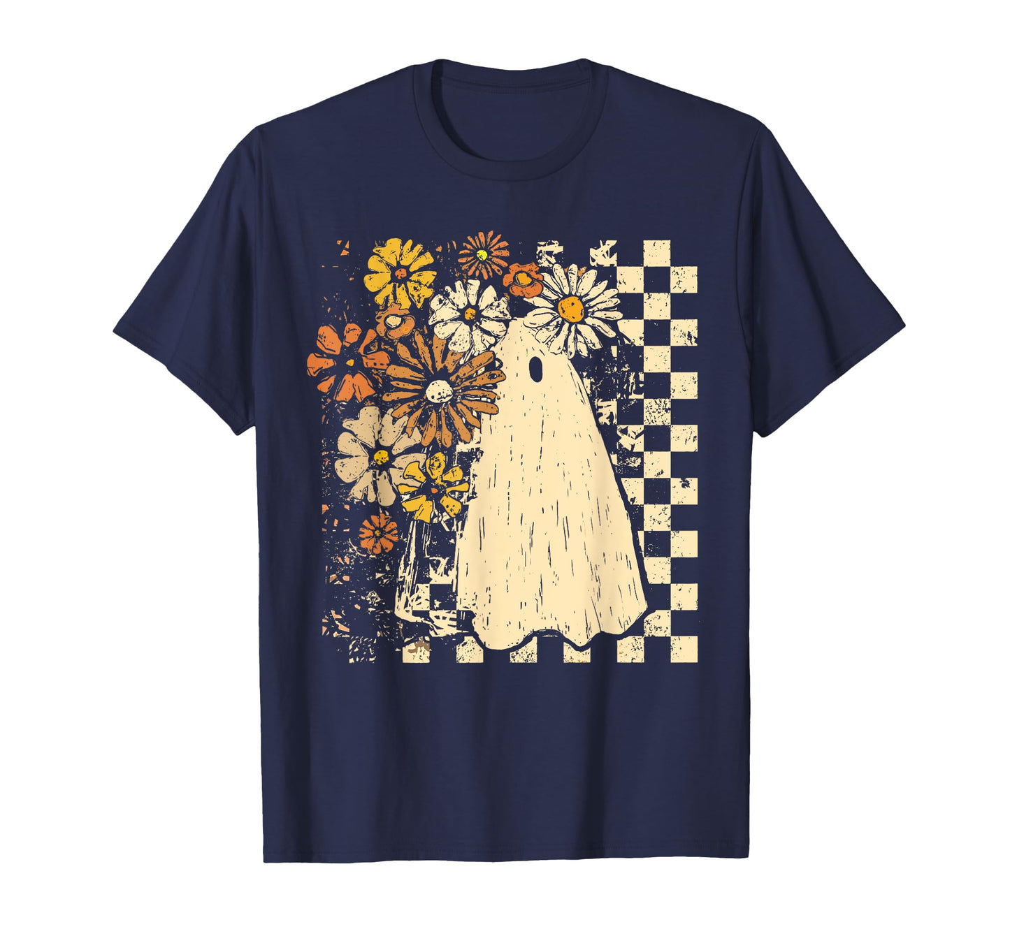 Checkered Floral Ghost Halloween Boys Girl Halloween Costume T-Shirt