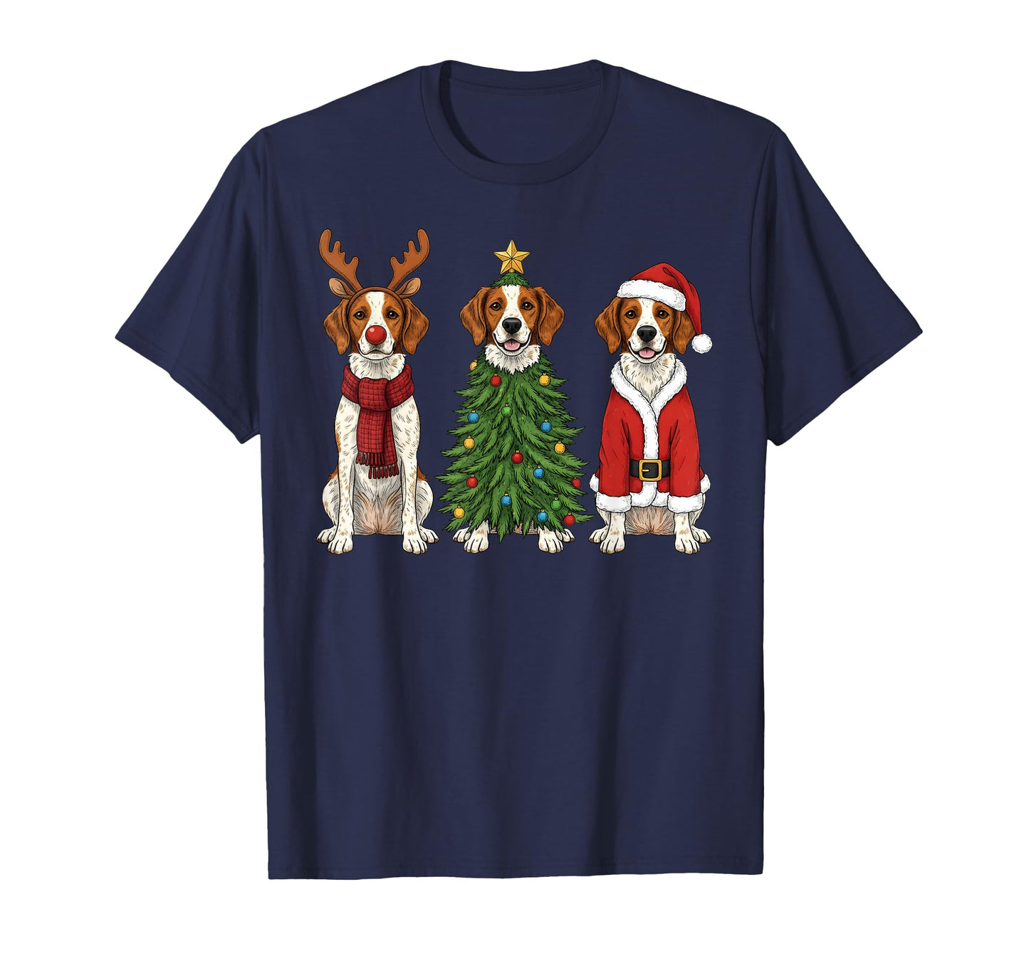 Retro Christmas Brittany Spaniel Santa Reindeer Dog Lover T-Shirt