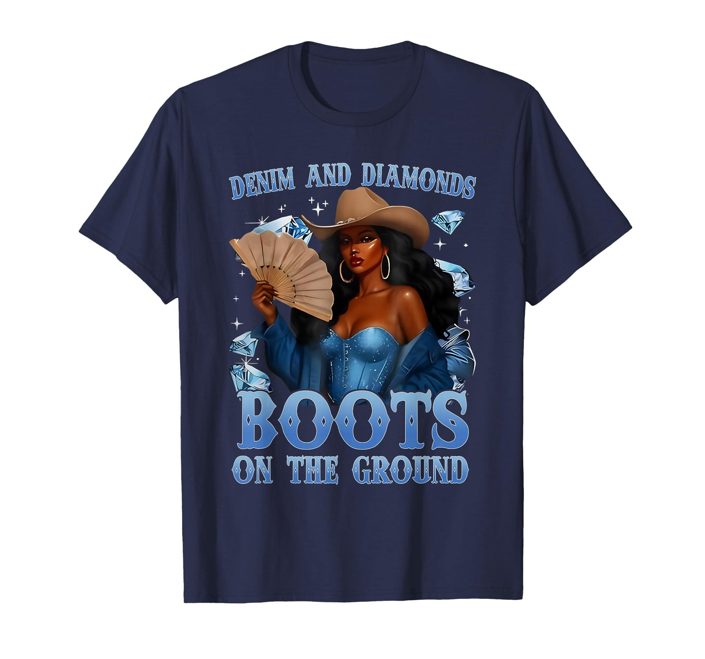 Western Cowgirl Denim and Diamonds Boots On Ground Afro Girl T-Shirt