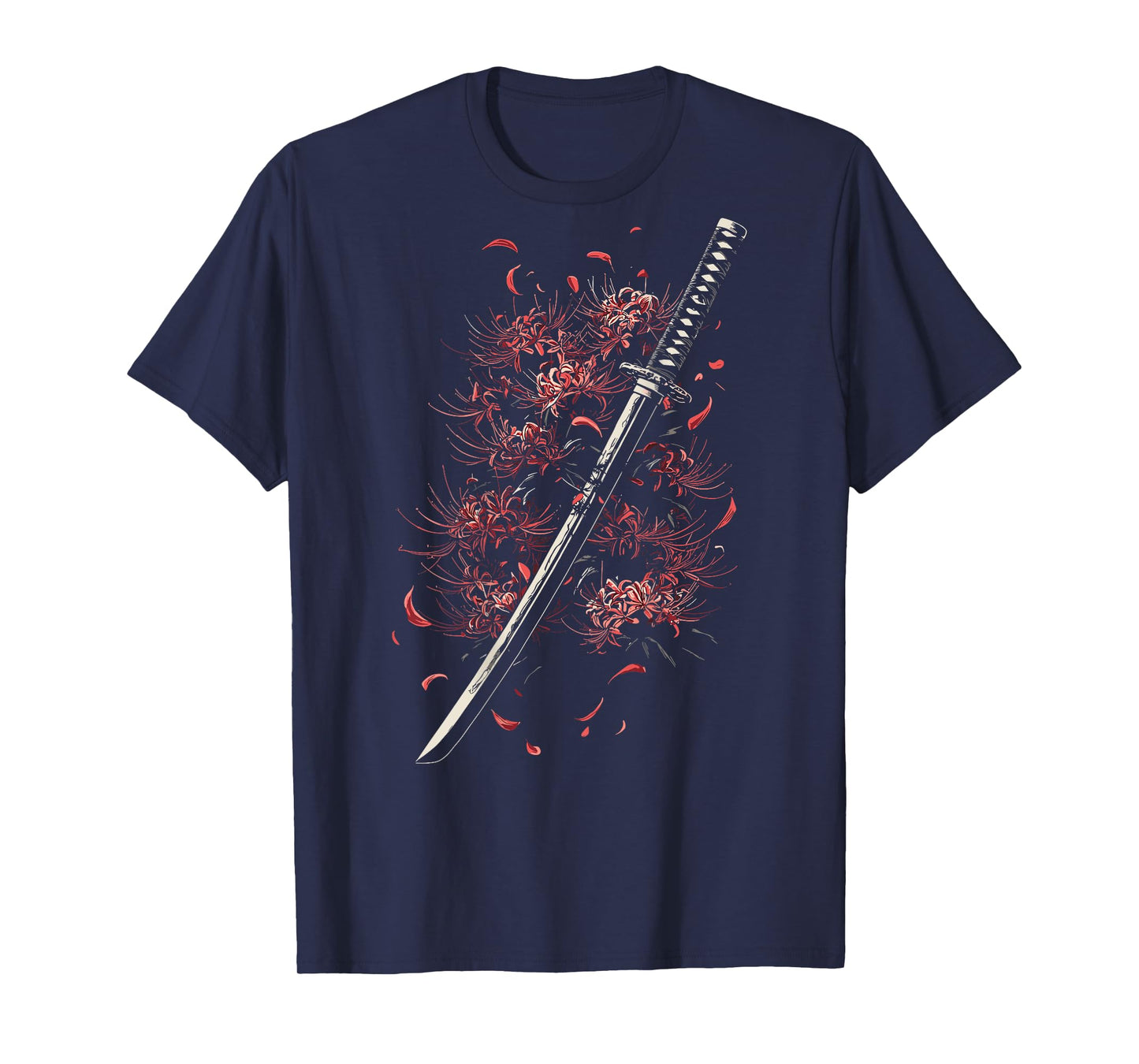 Red Spider Lily Flower Japanese Katana Sword Backprinted T-Shirt