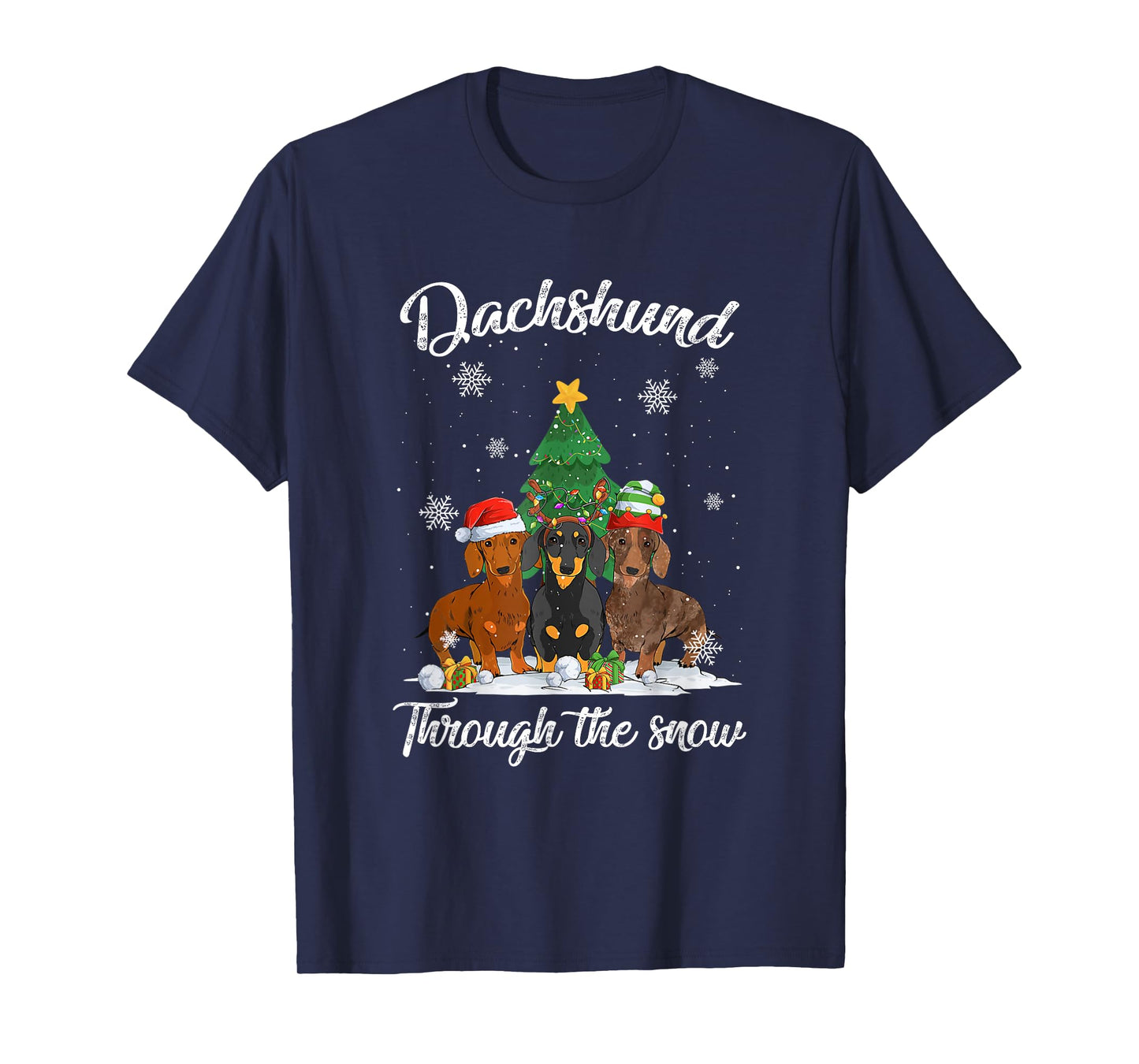 Merry Christmas Dachshund Dog Through The Snow Men Women Kids T-Shirt