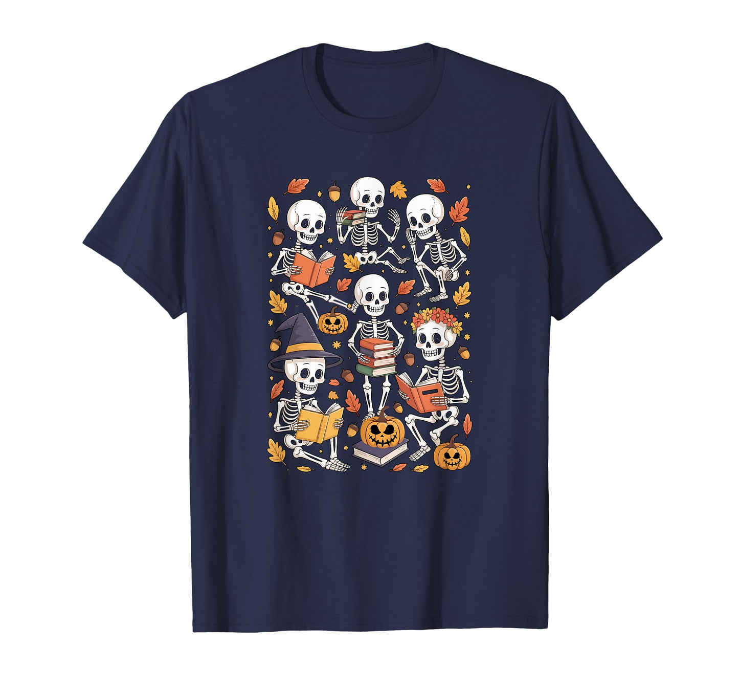Group Skeletons Reading Books Halloween Collection Bookworm T-Shirt