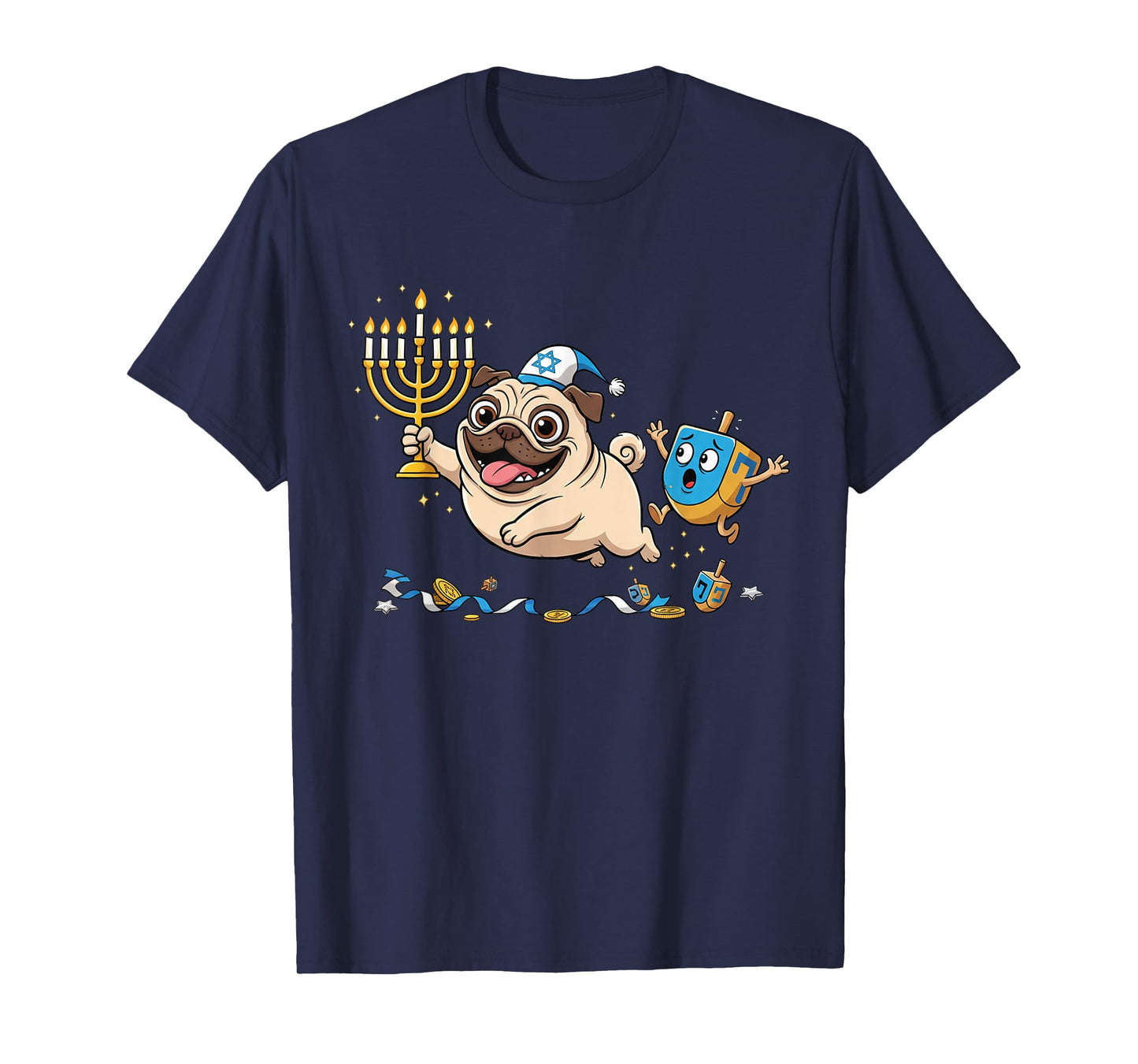 Funny Pug Dreidel Menorah Hanukkah Kids Womens Mens T-Shirt