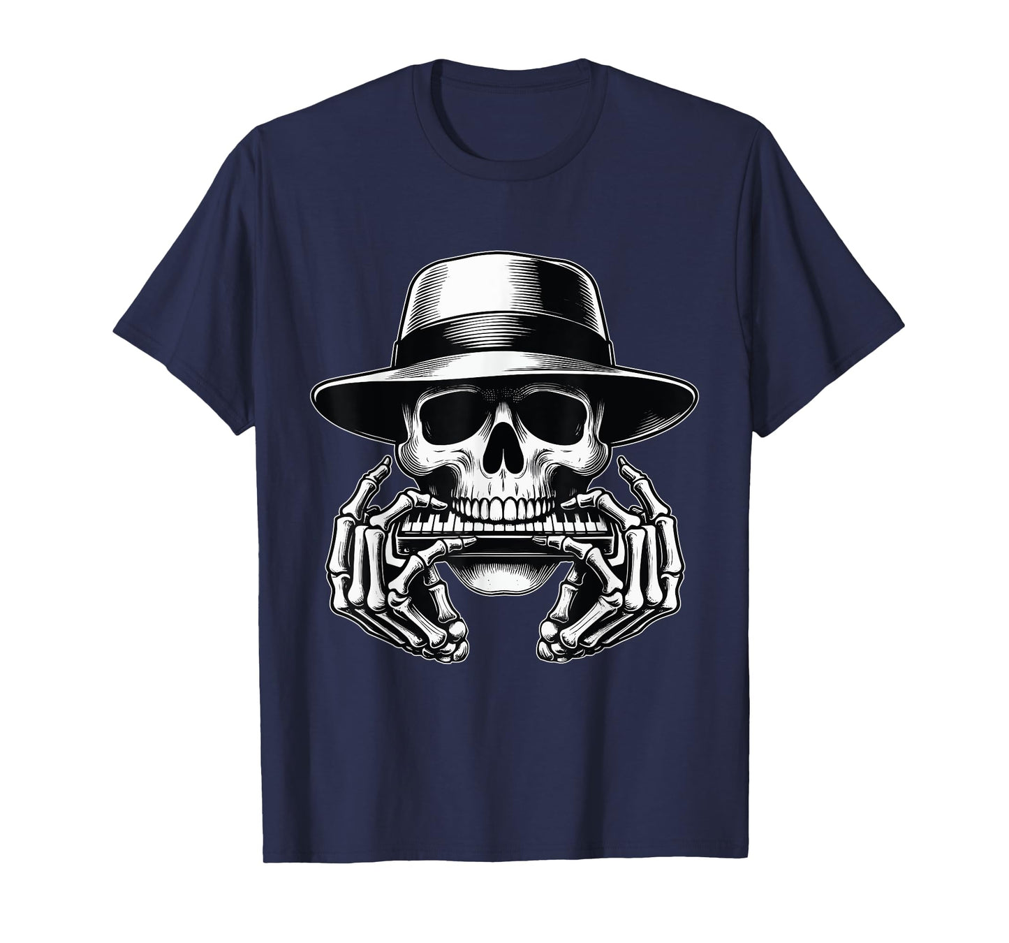 Skeleton Playing Harmonica Blues Musician Mouth Organ Player T-Shirt