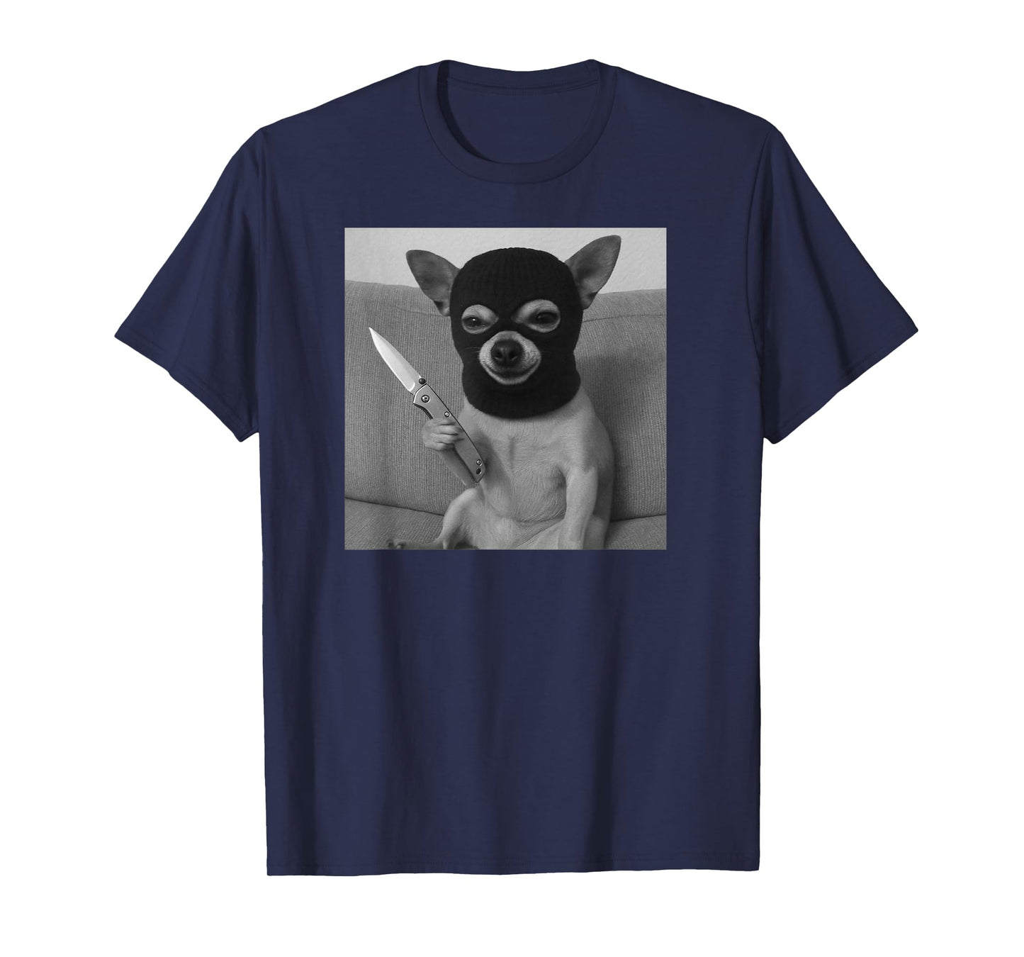 Funny Chihuahua Dog Wearing a ski mask and Holding a Knife T-Shirt