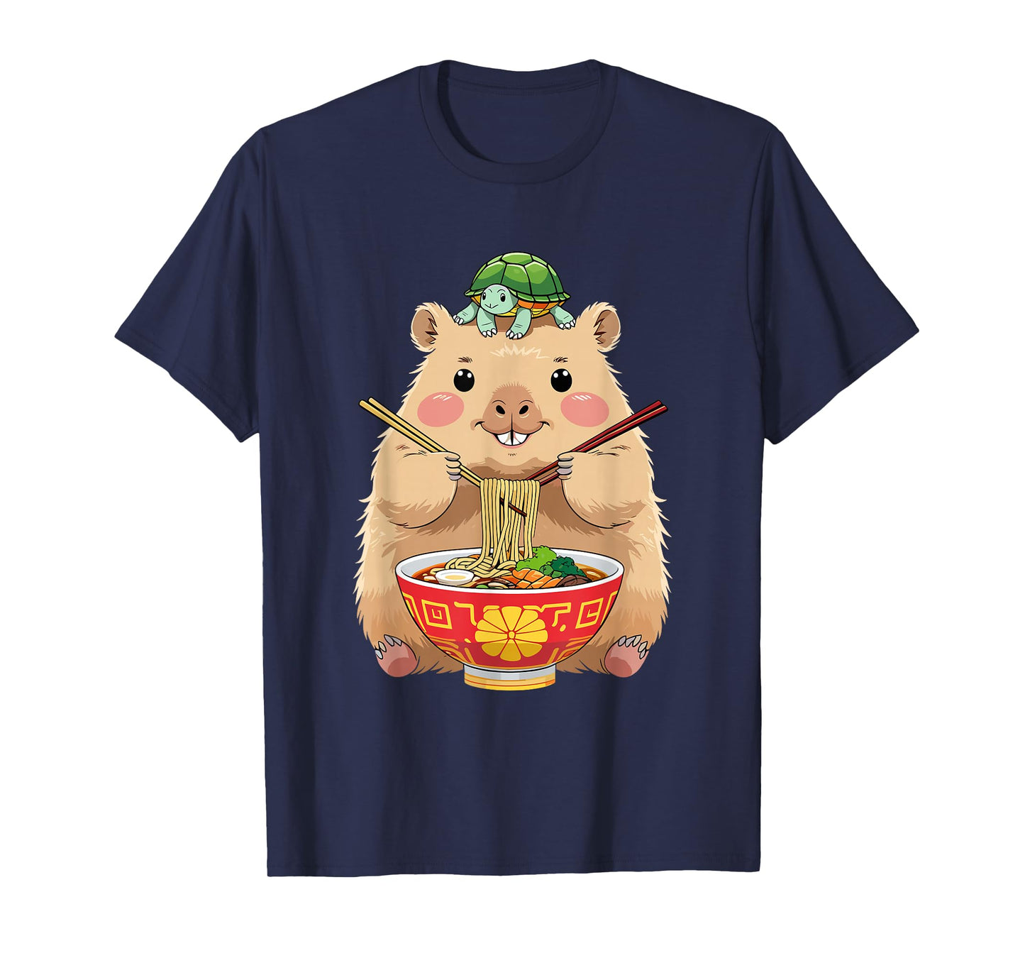 Cute Kawaii Capybara Eating Noodles with Turtle on Head T-Shirt