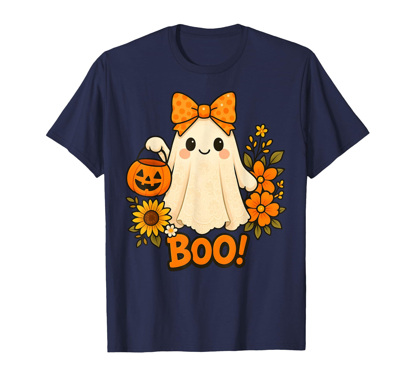 Retro Floral Boo Ghost Pumpkin Bow Halloween Women Kids T-Shirt