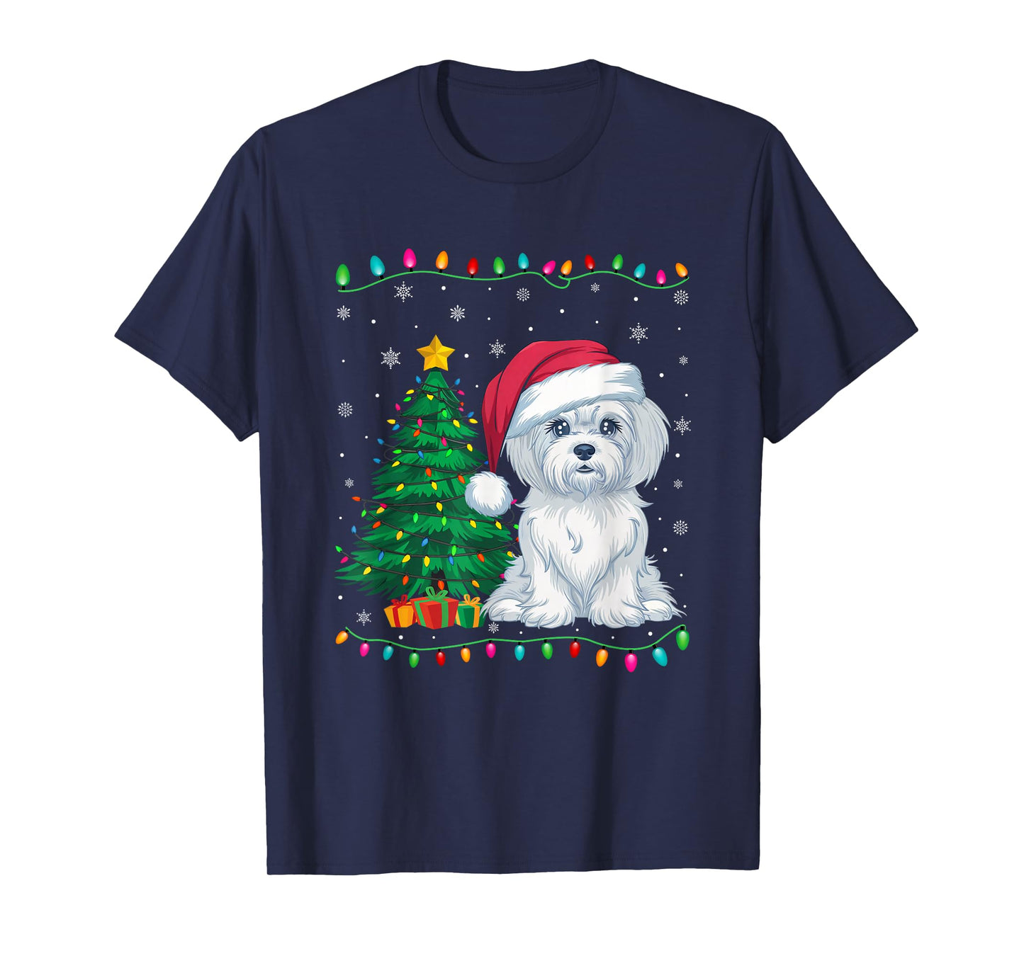 Maltese Dog Santa Hat Men Women Kids Christmas Tree Lights T-Shirt