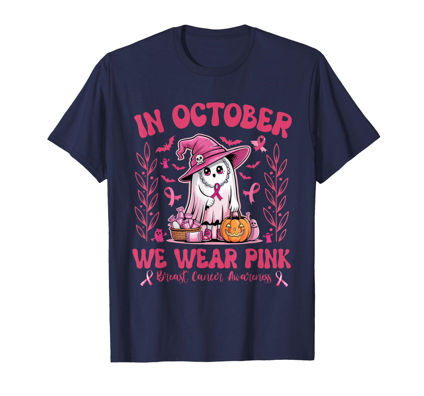 October We Wear Pink Ghost Breast Cancer Awareness Halloween T-Shirt