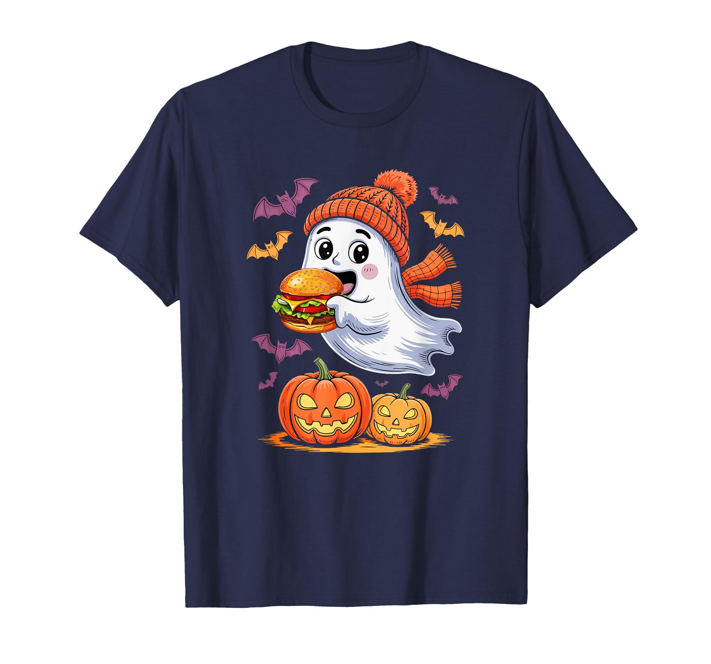 Cute Boo Ghost Eating Hamburger Halloween Food Lover Kids T-Shirt