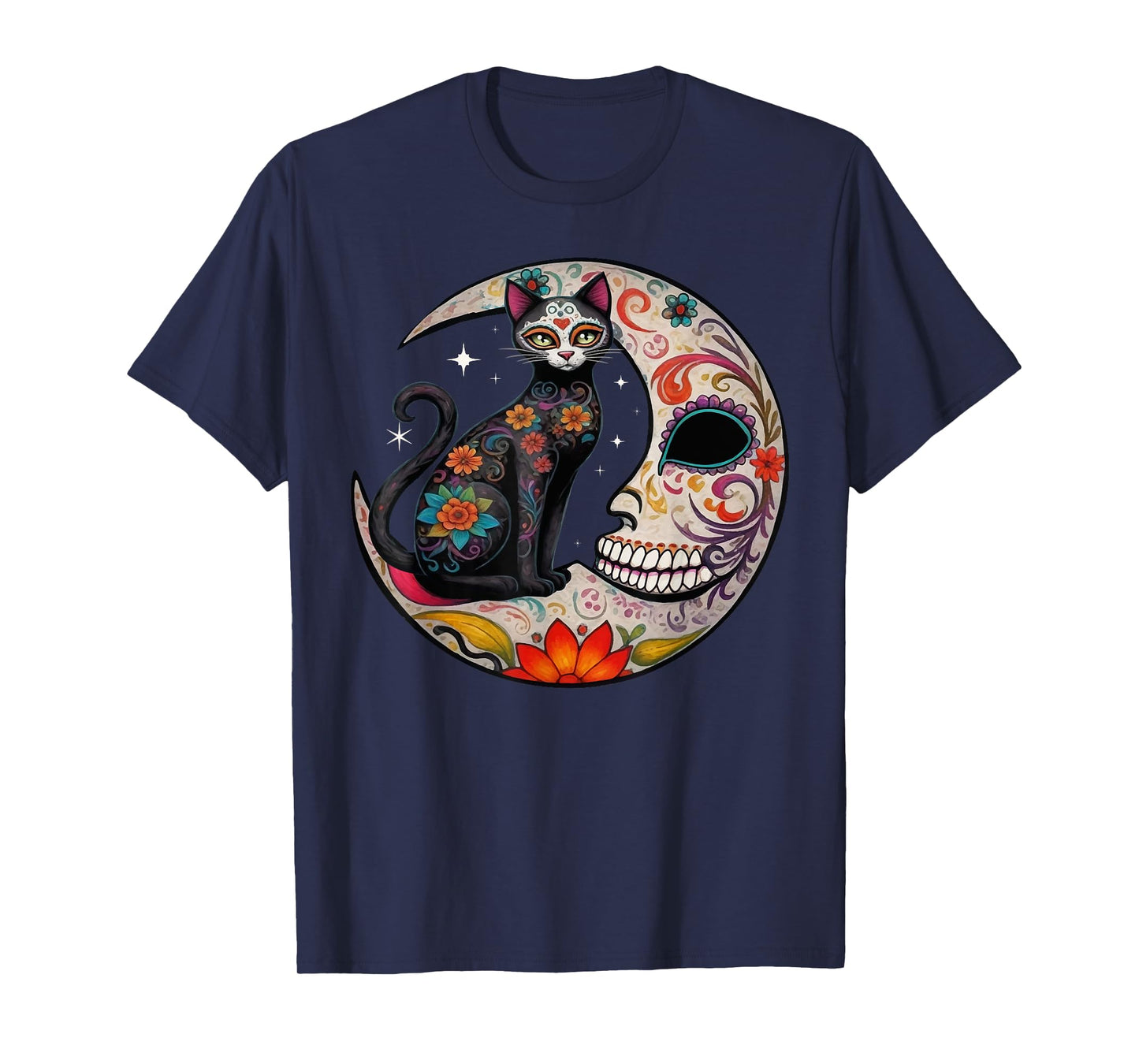 Sugar Skull Cat Moon De Los Muertos Day of Dead Halloween T-Shirt for Men Women