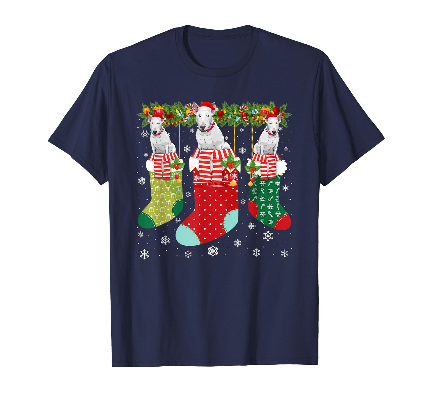 Three Bull Terrier Dog in Socks Ugly Christmas Sweater Party Men Women Kids T-Shirt