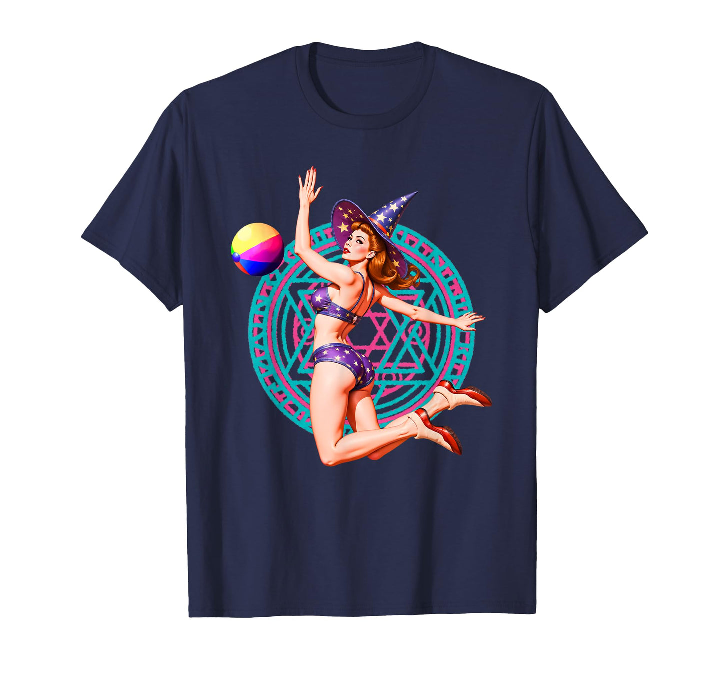 Summerween Beach Ball Pin-Up Sexy Witch Halloween Magic T-Shirt