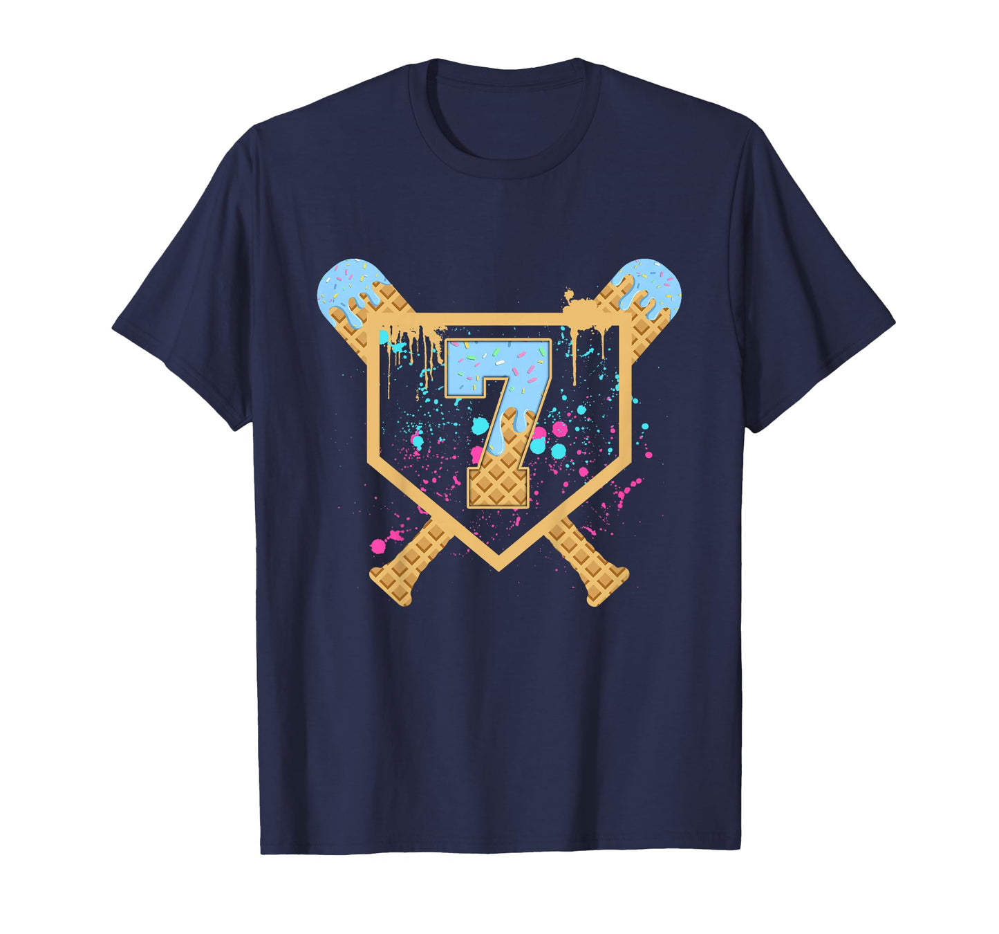 Kids Baseball 7 Year Old Ice Cream Drip 7th Birthday Boy Number 7 T-Shirt