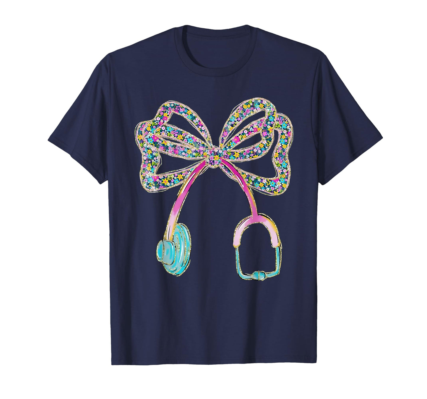 Floral Blue Coquette Bow Nurse Stethoscope Nursing Doctor T-Shirt