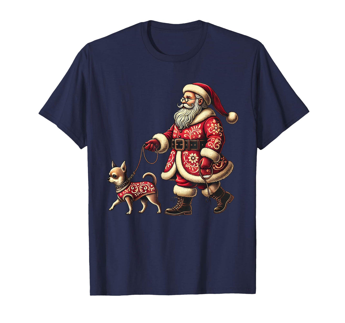 Santa Walking Chihuahua Christmas Dog Lover Xmas Men Women T-Shirt