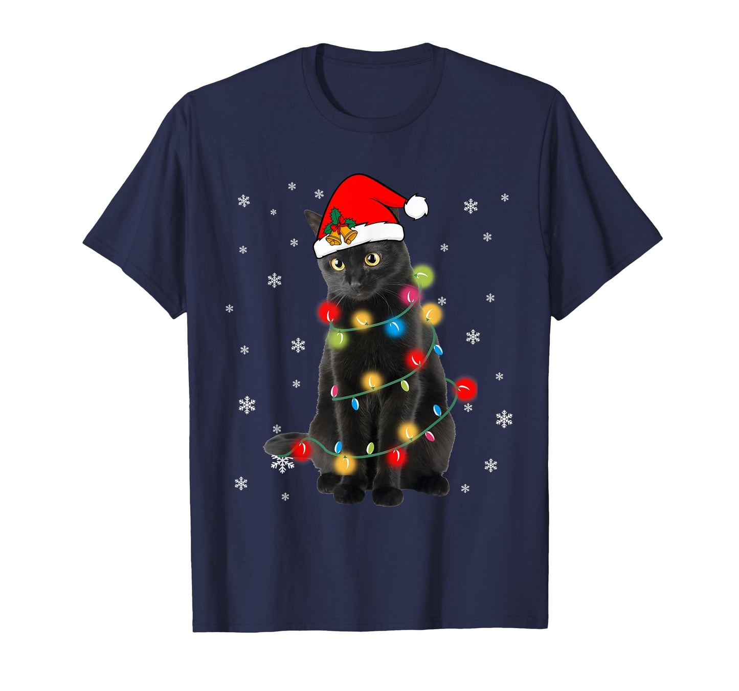 Black Cat Christmas Light Shirt for Cat Lover Funny Xmas Men Women Kids T-Shirt