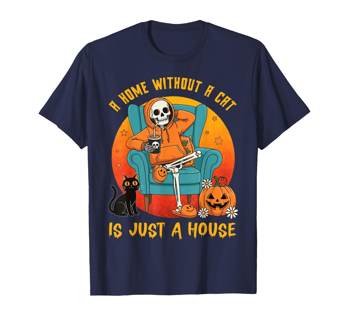 Spooky Skeleton Halloween A Home Without a Black Cat Pumpkin T-Shirt