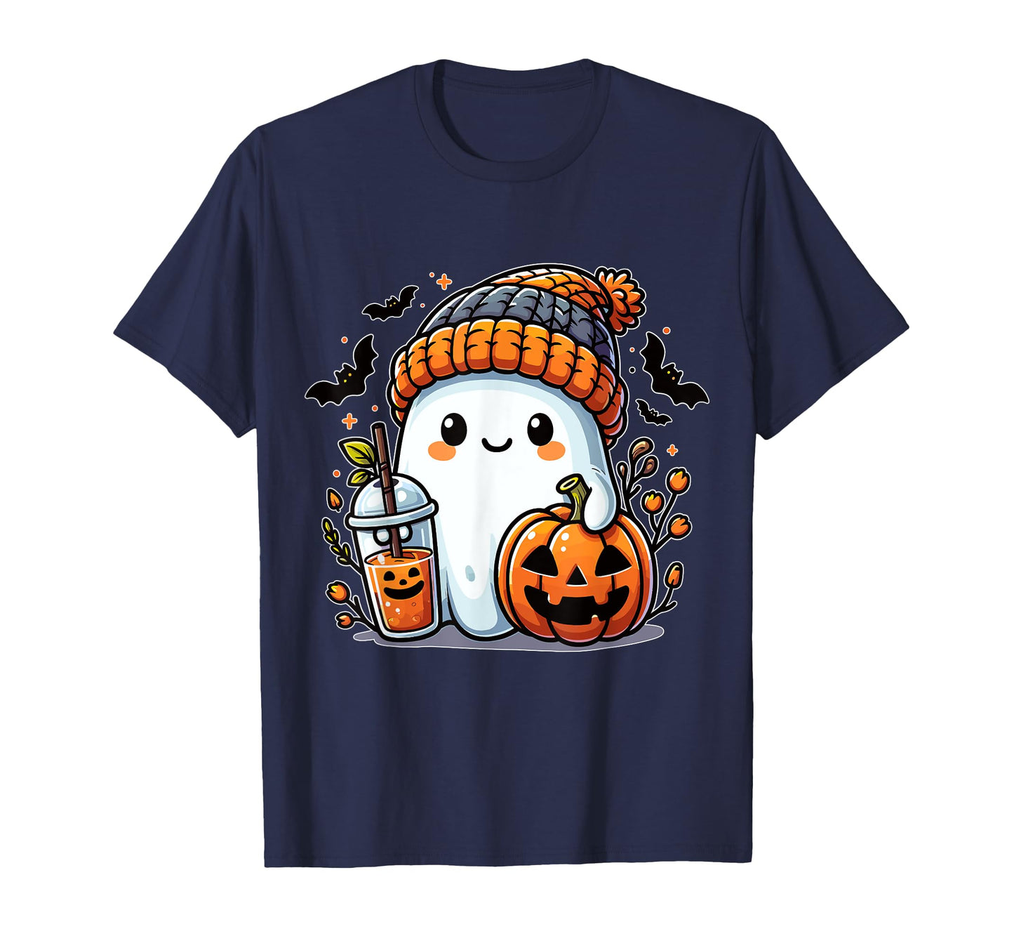 Cute Ghost with Beanie Pumpkin and Coffee T-Shirt