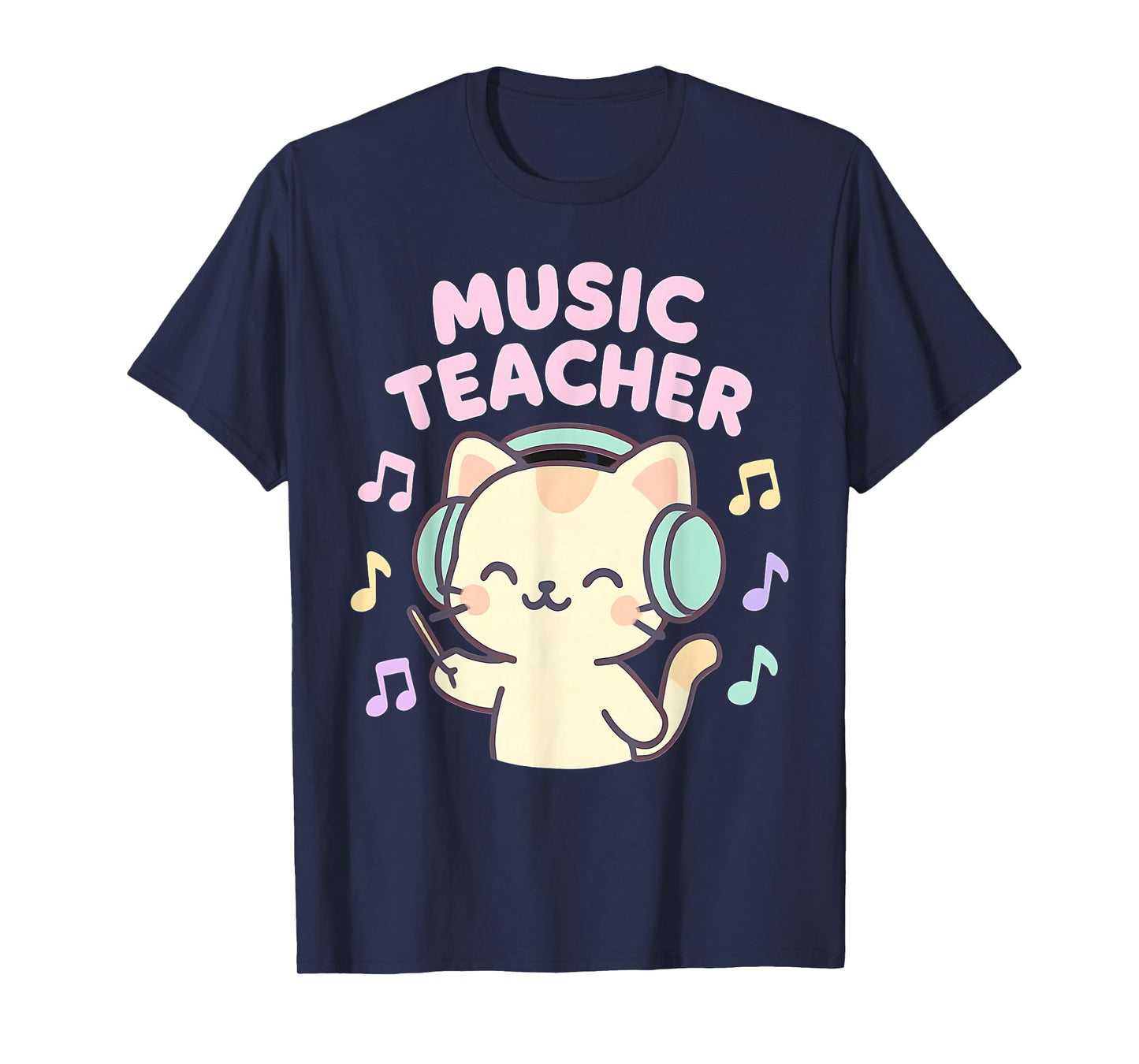 Cute Kawaii Cat Music Elementary Teacher Headphones Design T-Shirt