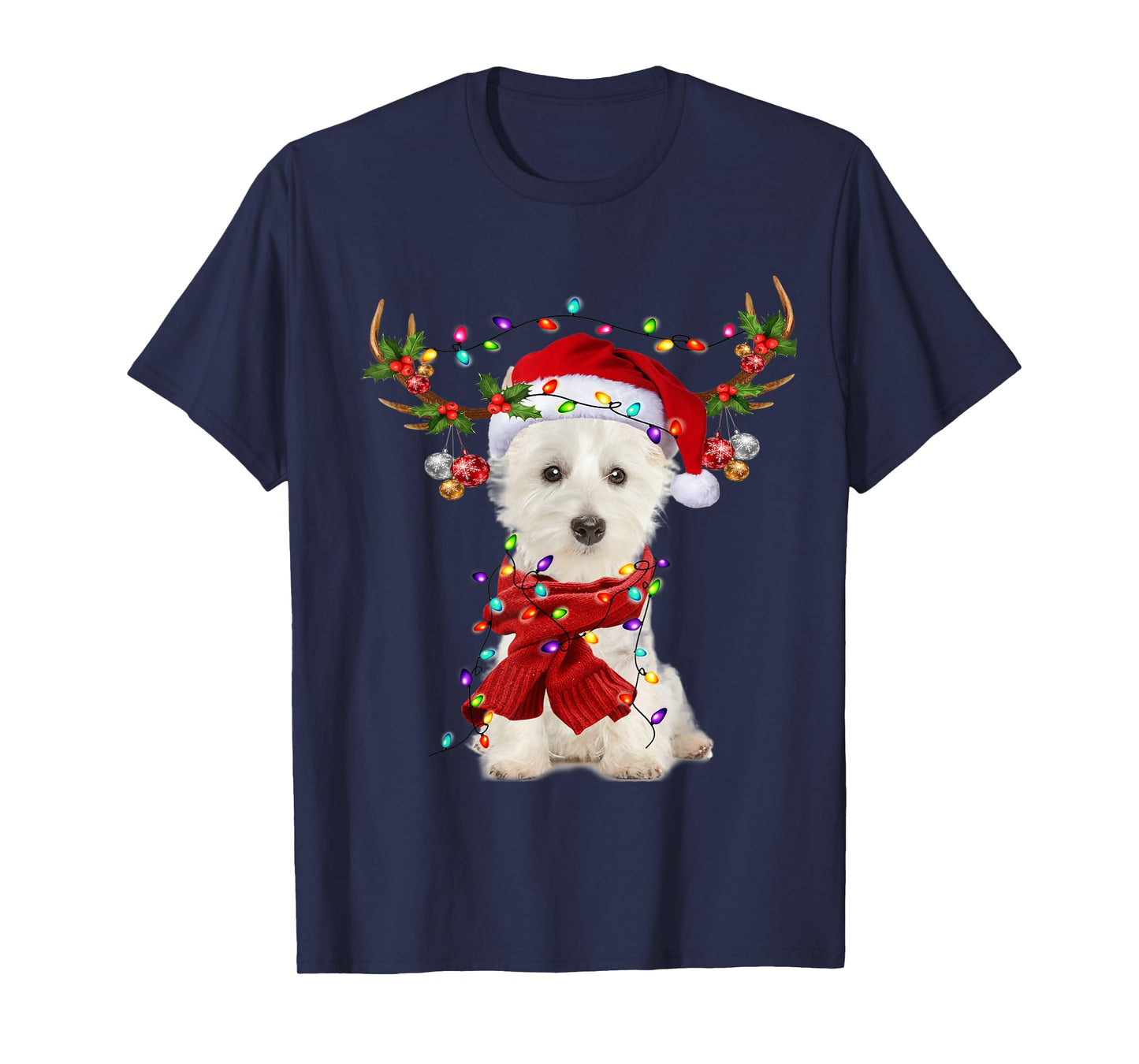 Santa Westie Dog Reindeer Christmas Lights Men Women Kids T-Shirt