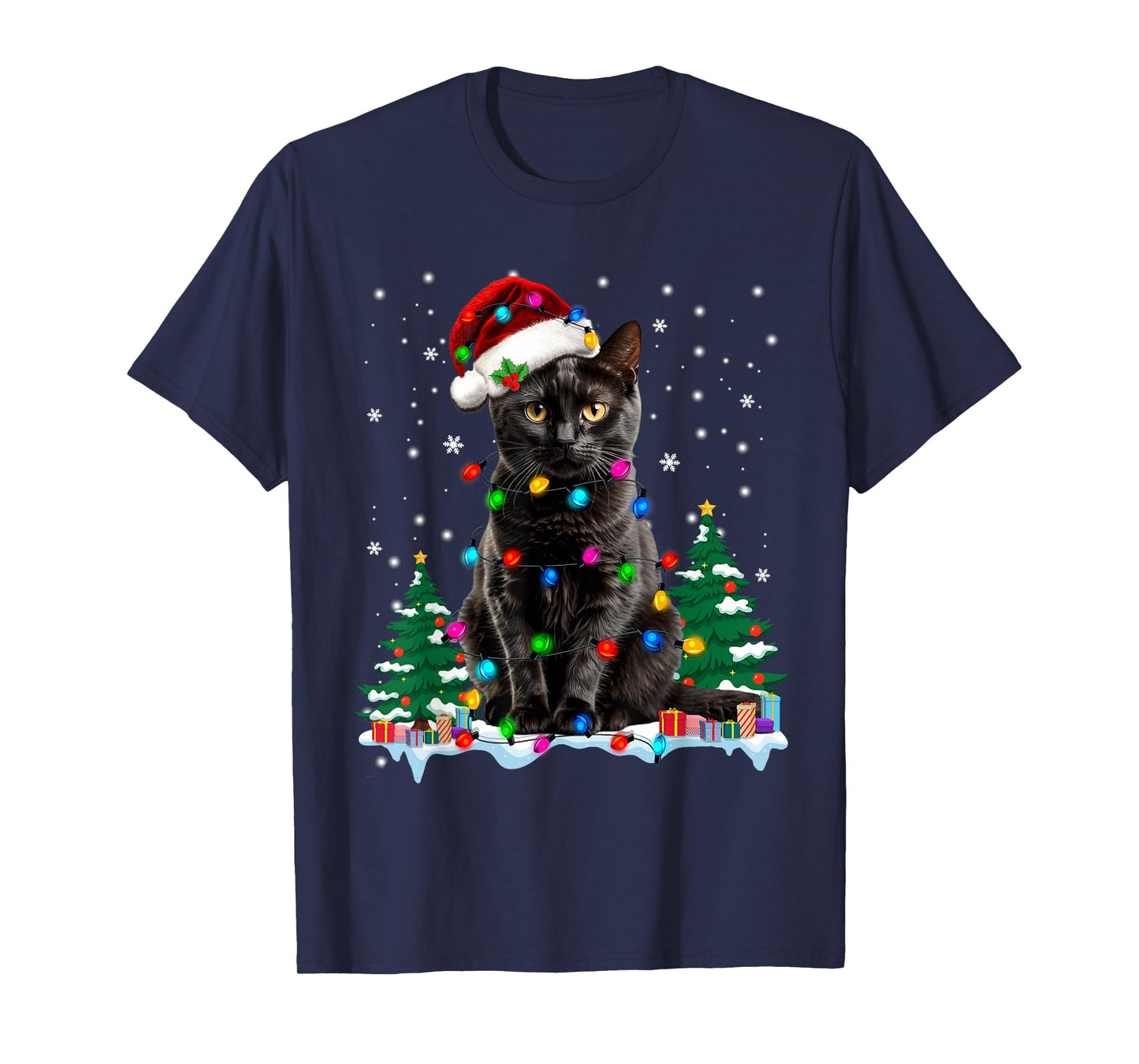 Black Cat Christmas Light Santa Hat Cat Lovers Xmas Pajamas T-Shirt
