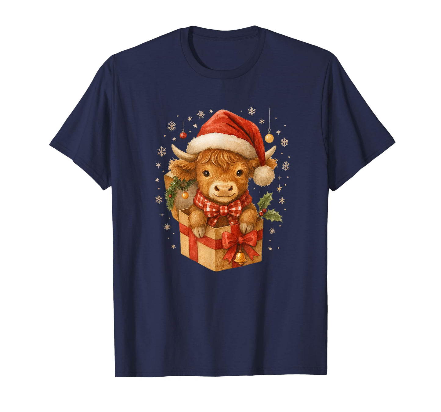 Highland Cow Christmas in Gifts Box Watercolor Santa Hat T-Shirt