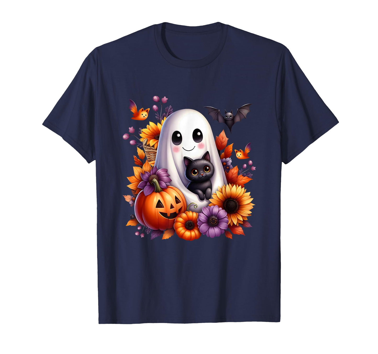 Vintage Halloween Ghost with Black Cat Pumpkin Autumn Flower T-Shirt