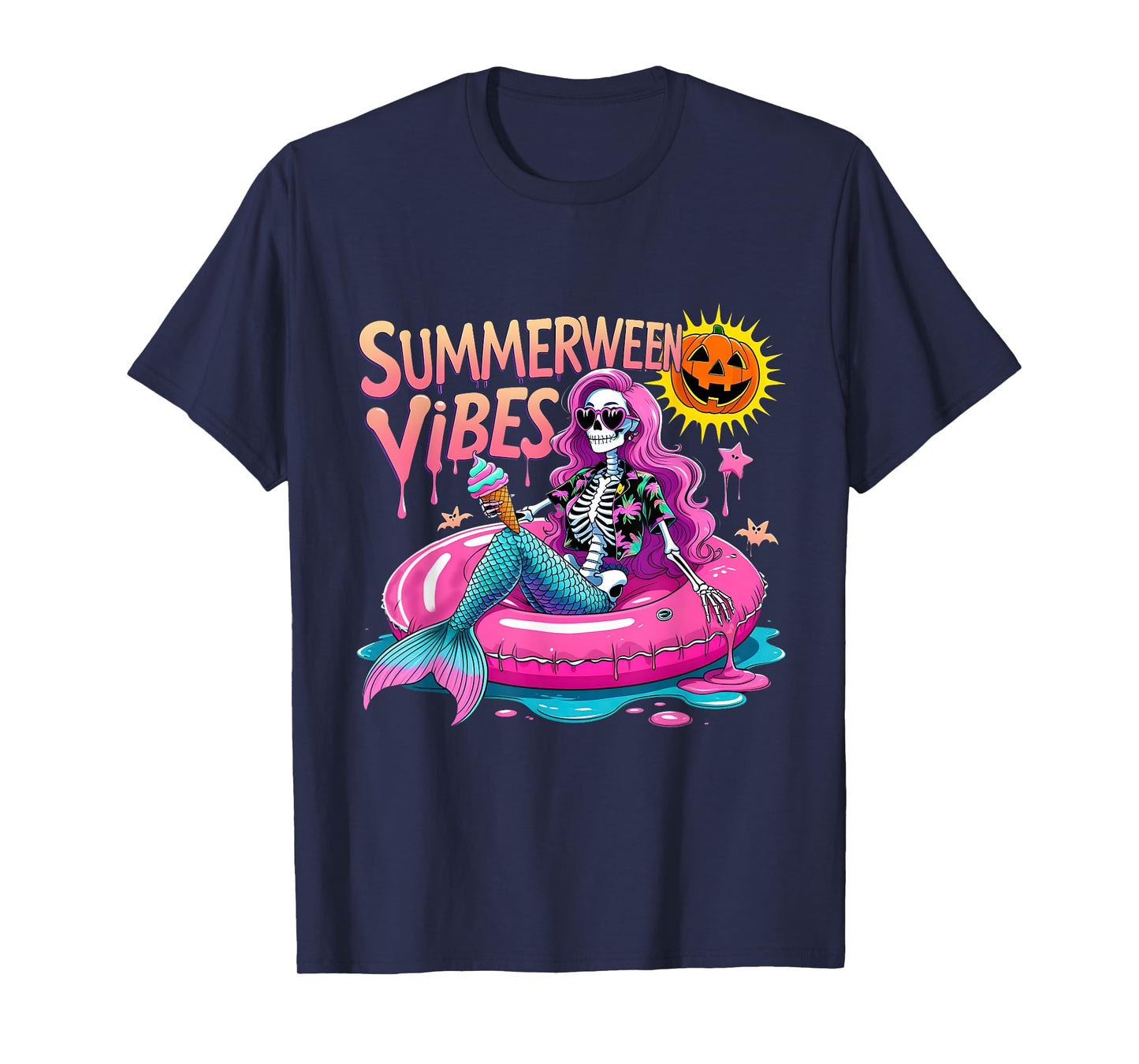 Summerween Vibes Spooky Summer Mermaid Skeleton Halloween T-Shirt